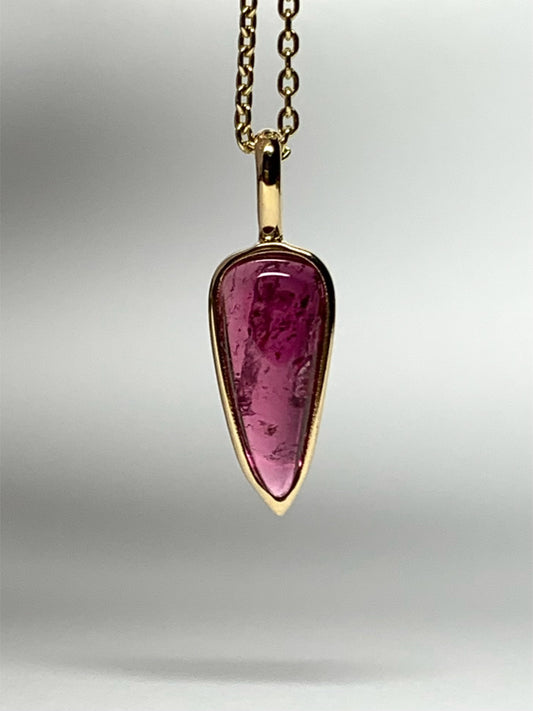 14k Solid Yellow Gold, Natural Dark Pink Tourmaline “Arrowhead” Pendant, Mini Size