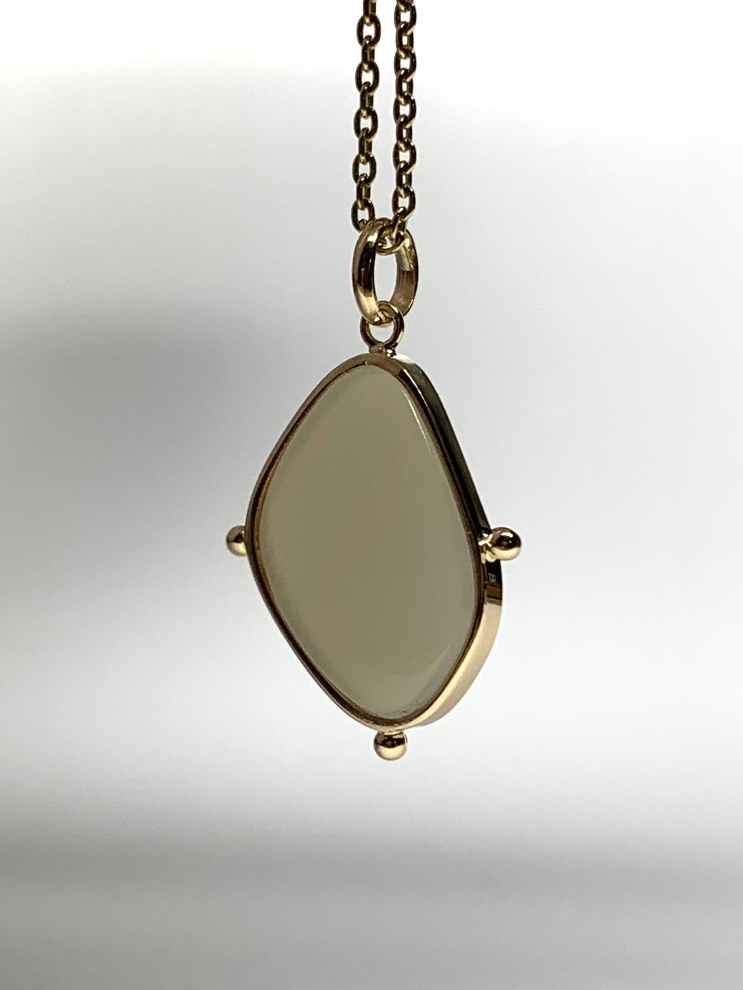 14k Solid Yellow Gold, White Moonstone Flat Cabochon Pendant, With Golden Dots