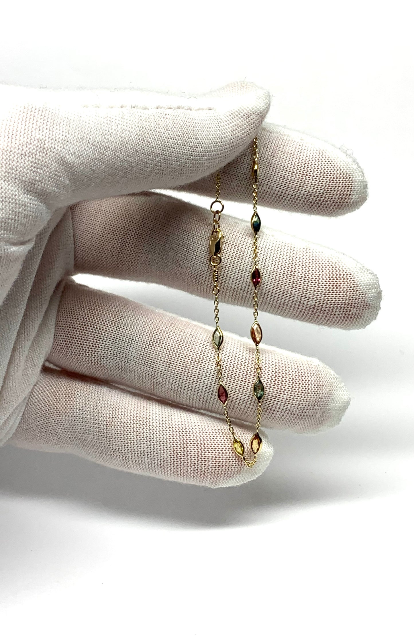 14k Solid Yellow Gold Bracelet, Multi Color Sapphire Marquis Gemstones