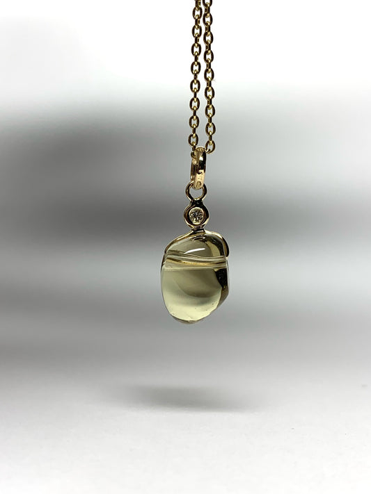 14k Solid Yellow Gold, Diamond, Lemon Quartz Tumbled Nugget Bead Pendant, Mini Size
