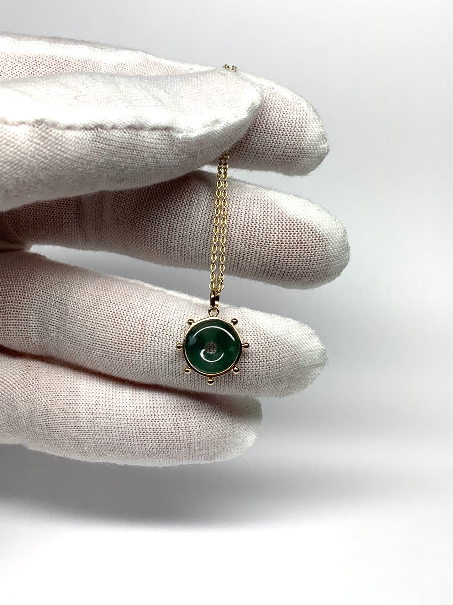 14k Solid Yellow Gold, Natural Green Jade Donut “Sun” Pendant, Mini Size