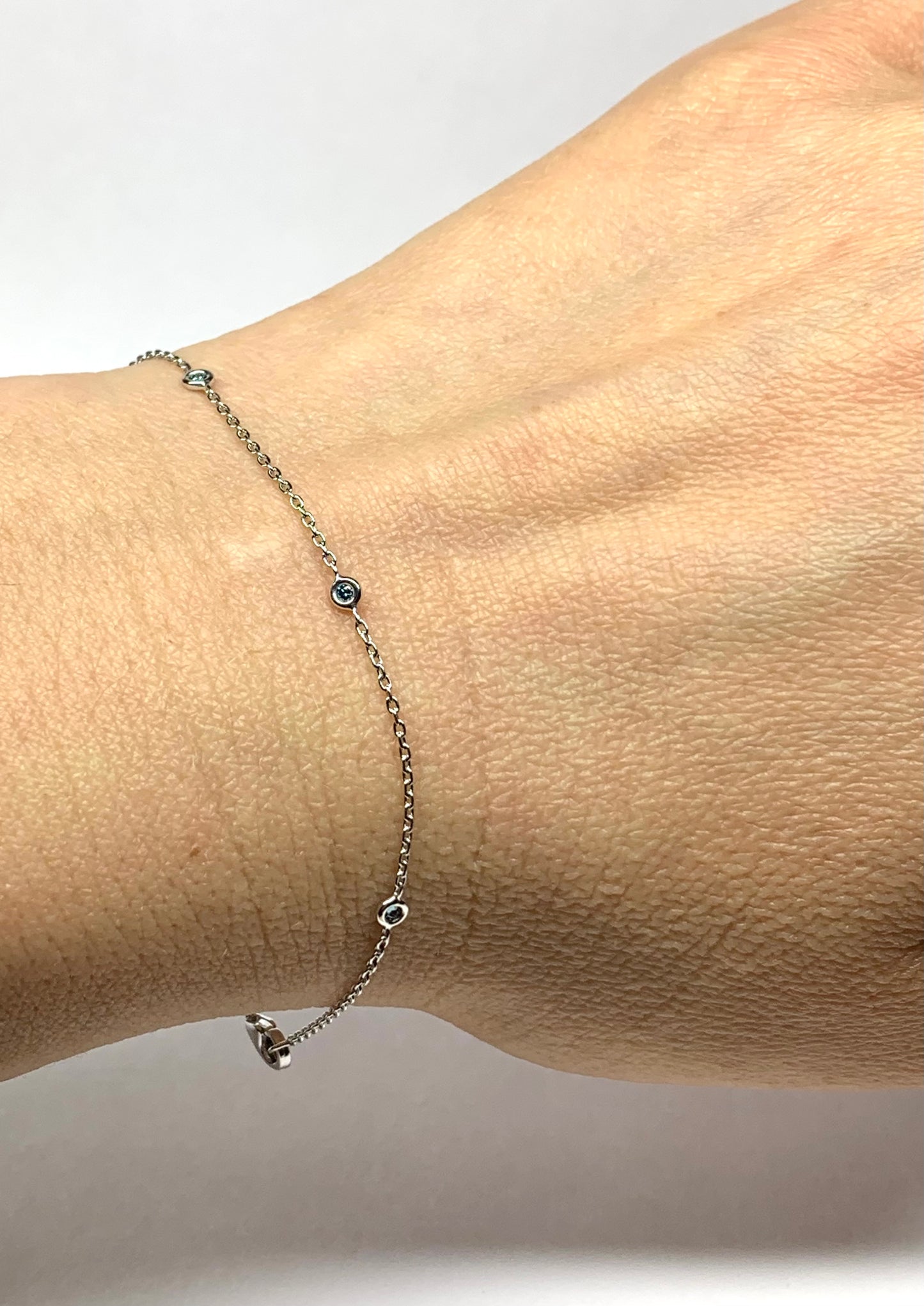 14k Solid White Gold, Genuine Blue Diamonds Station Bracelet