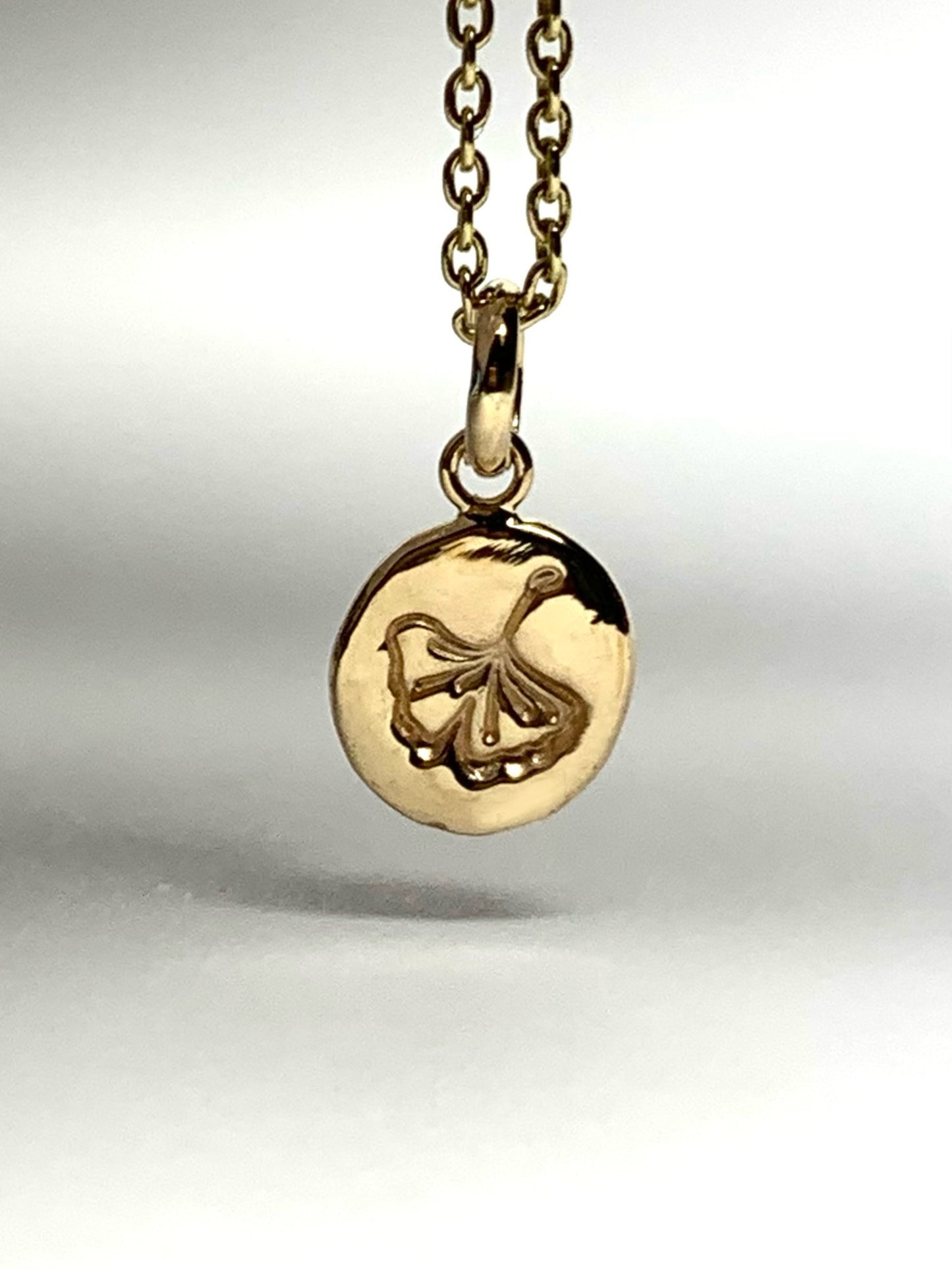 14K Solid Yellow Gold Nugget “Ginkgo” Mini Pendant, Tiny Charm