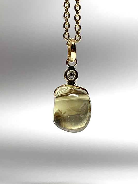 14k Solid Yellow Gold, Diamond, Lemon Quartz Tumbled Nugget Bead Pendant, Mini Size