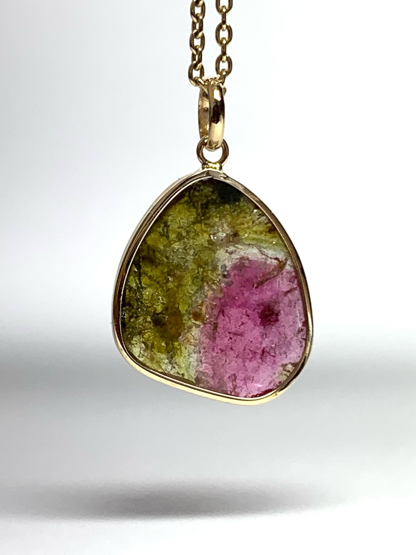 14k Solid Yellow Gold, Natural Pink Green Tourmaline Pendant