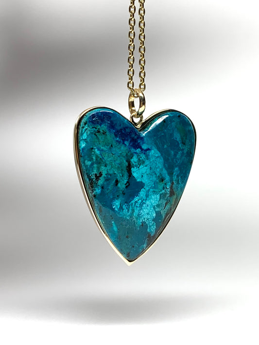 14k Solid Yellow Gold, Blue Chrysocolla “Heart” Pendant