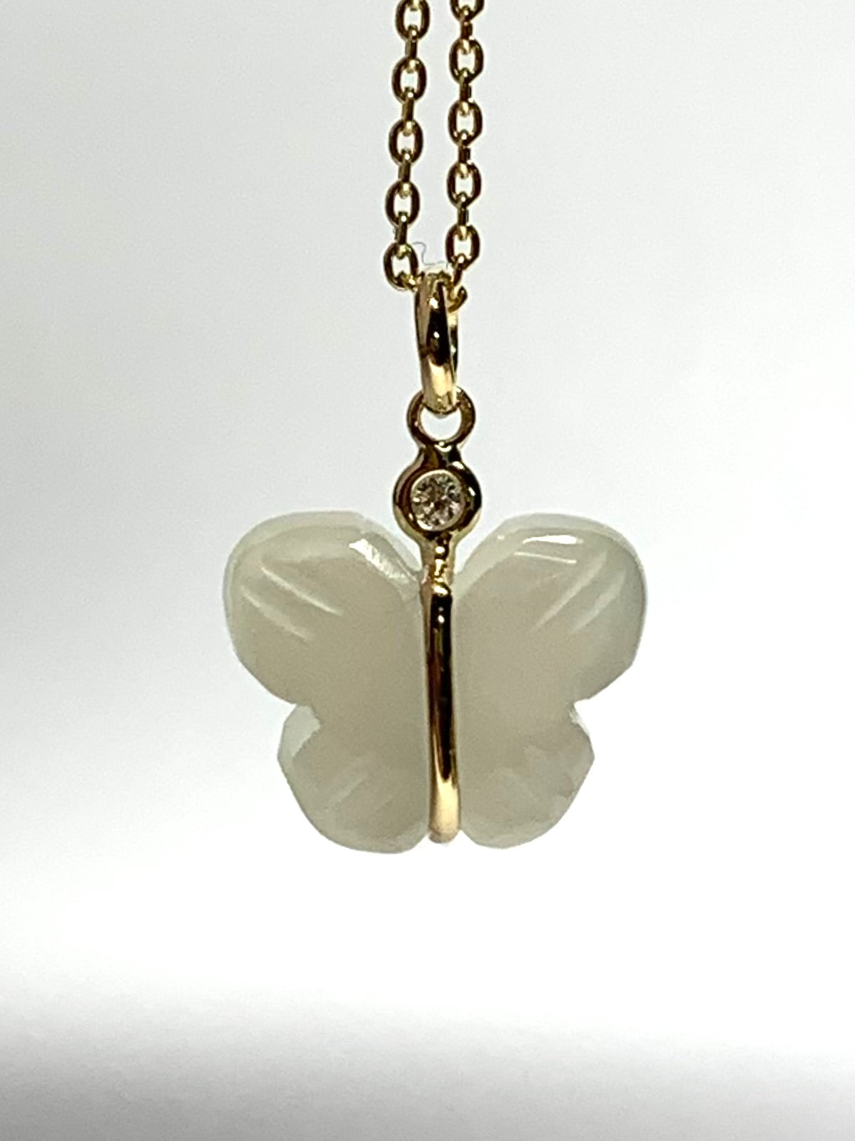 14k Solid Yellow Gold, Diamond, White Moonstone “Butterfly” Mini Pendant, Hand Carved