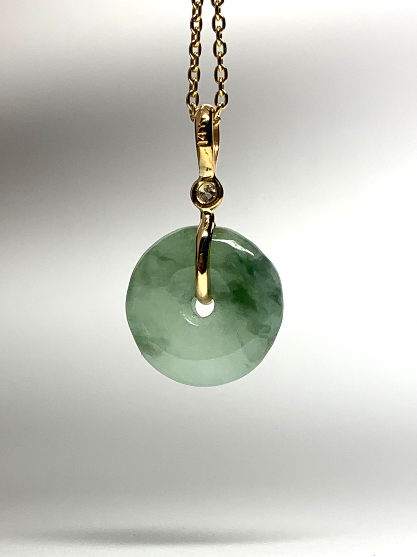 14k Solid Yellow Gold, White Diamond, Pale Green Jade “Donut” Pendant, Mini Size