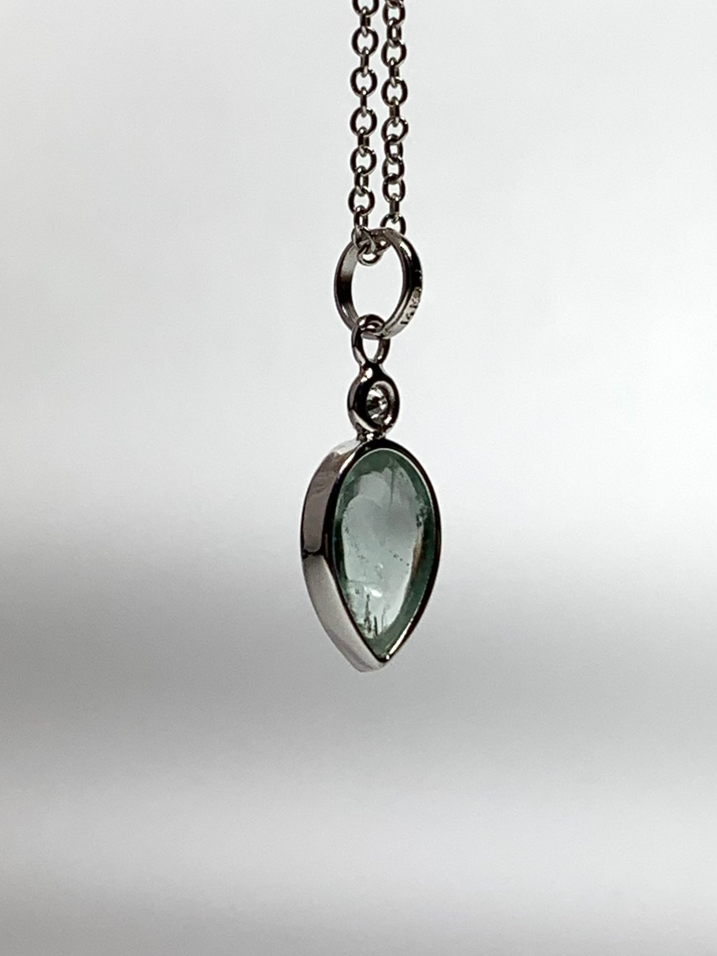 14k Solid White Gold, Diamond, Pale Blue Aquamarine Pear Cabochon Pendant, Mini Size