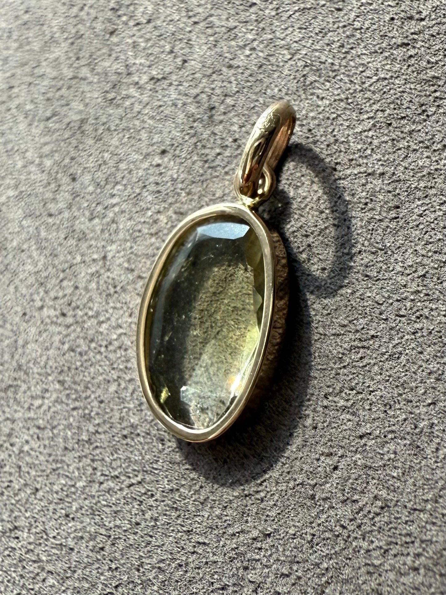 14k Solid Yellow Gold, Natural Light Khaki Green Tourmaline Mini Pendant