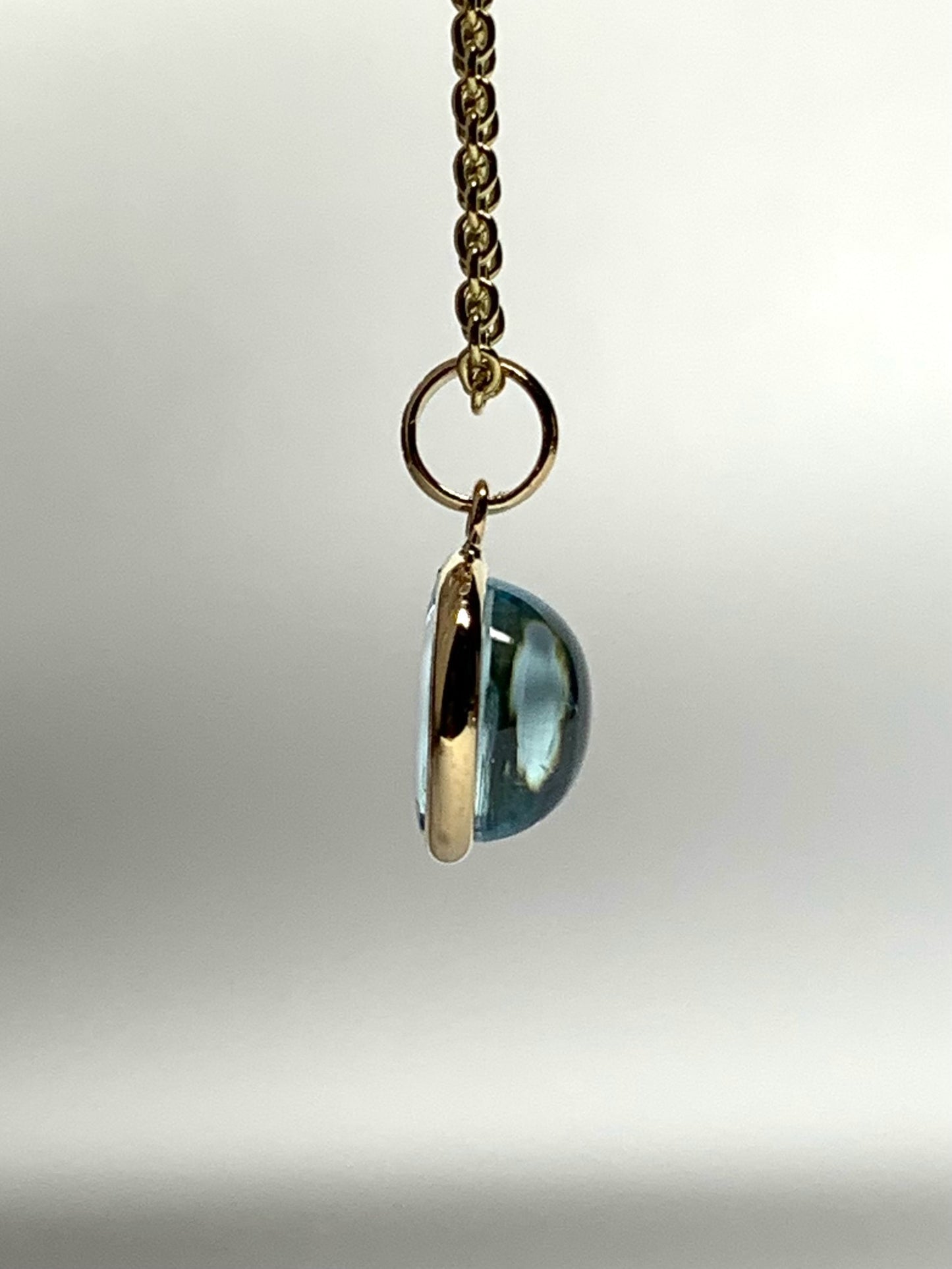 14k Solid Yellow Gold, Blue Topaz Round Cabochon Mini Pendant