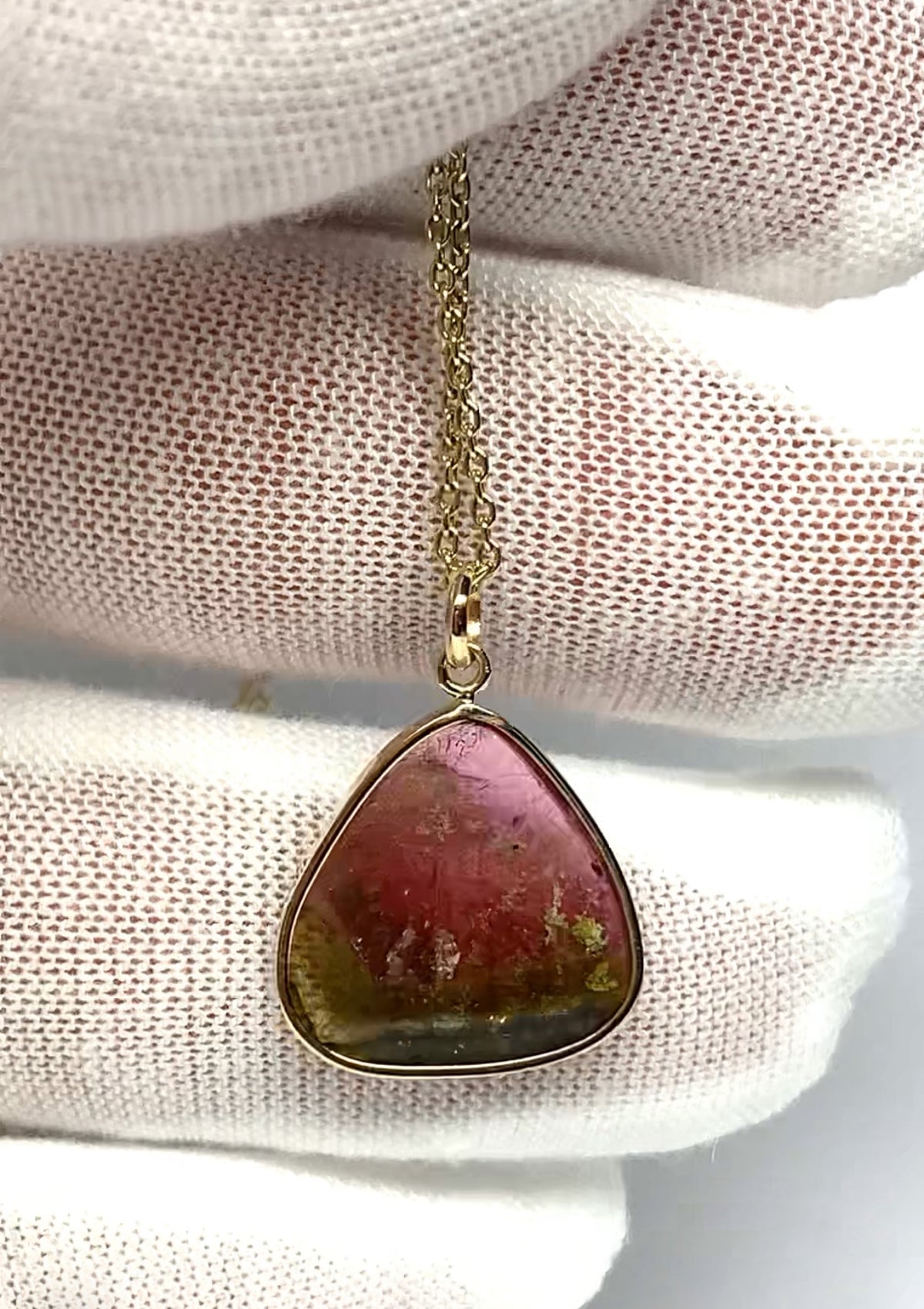 14k Solid Yellow Gold, Natural Pink Green Tourmaline Pendant
