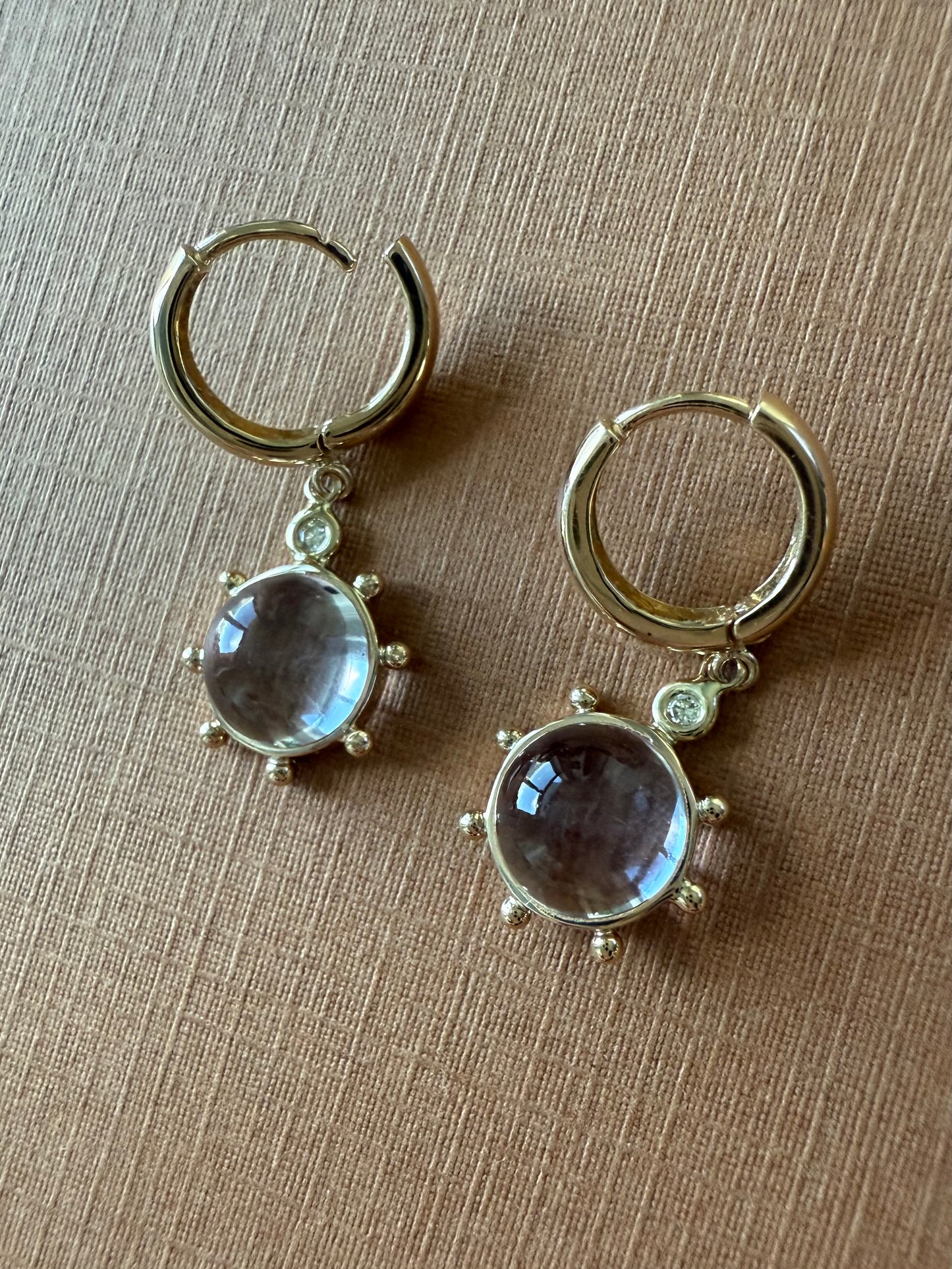 14k Solid Yellow Gold, Diamonds, Pale Pink Amethyst “Sun” Mini Earrings