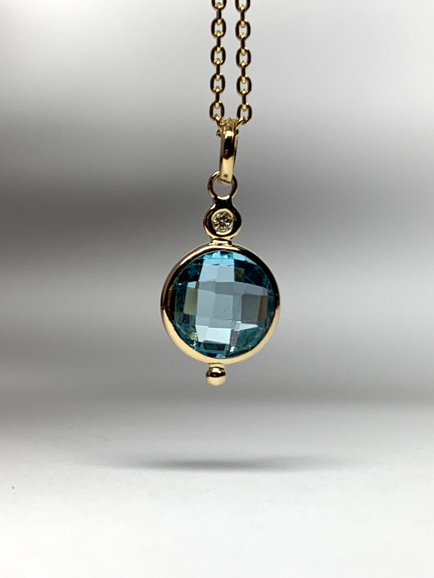 14K Solid Yellow Gold, Diamond, Blue Topaz Mini Pendant