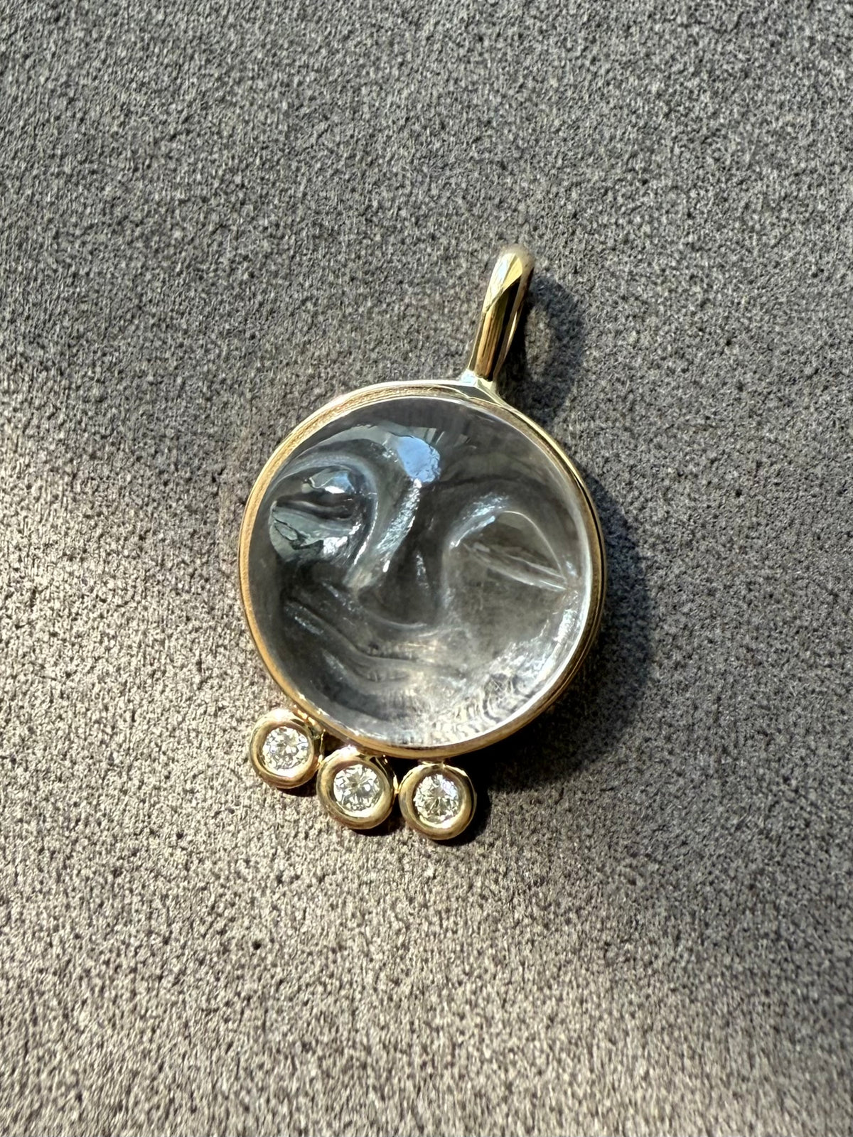 14k Solid Yellow Gold, Clear Quartz, White Diamonds “Moon and Stars” Pendant, Carved Face, Small Size