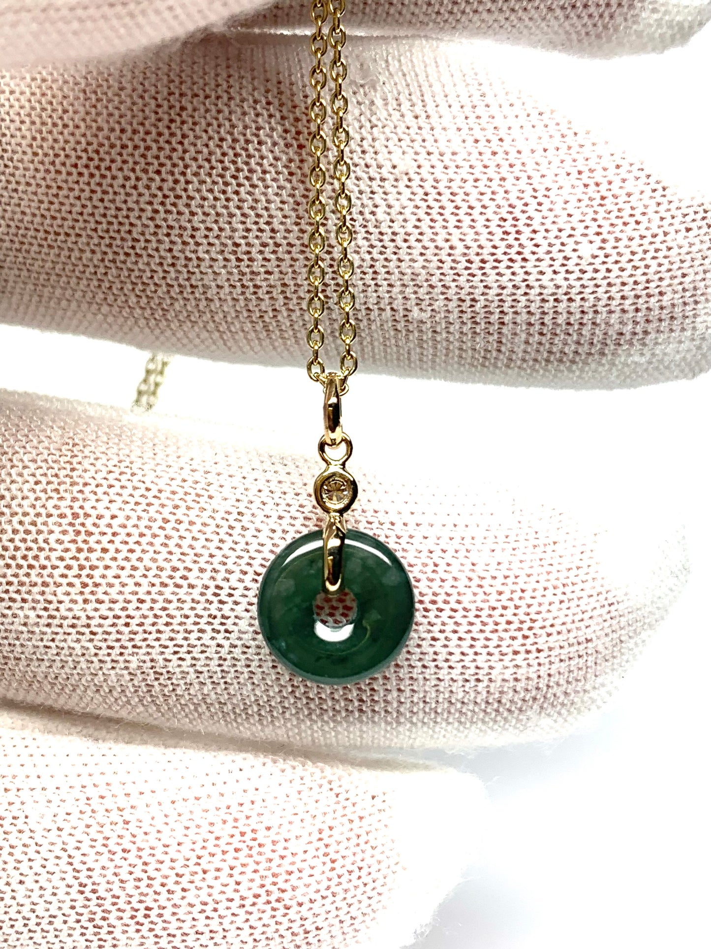 14k Solid Yellow Gold, White Diamond, Pale Green Jade “Donut” Pendant, Tiny Size
