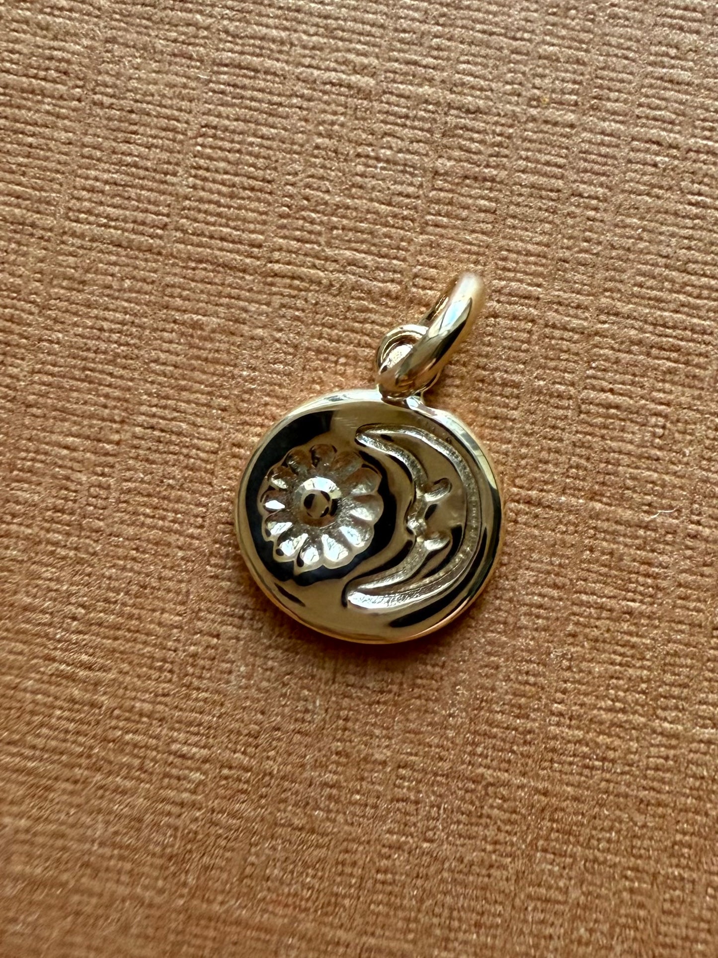 14K Solid Yellow Gold Nugget “Sun and Moon” Mini Pendant, Tiny Charm