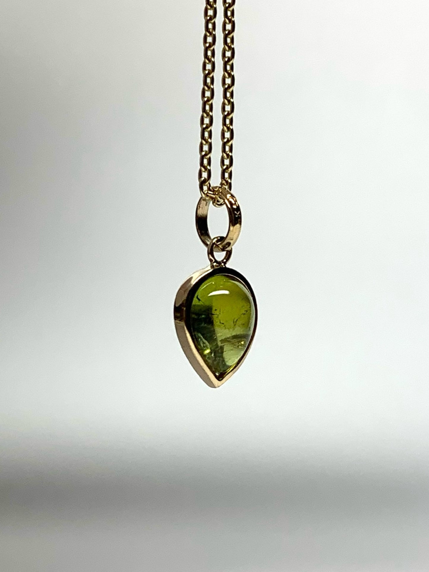 14k Solid Yellow Gold, Natural Green Tourmaline Pear Cabochon Tiny Pendant
