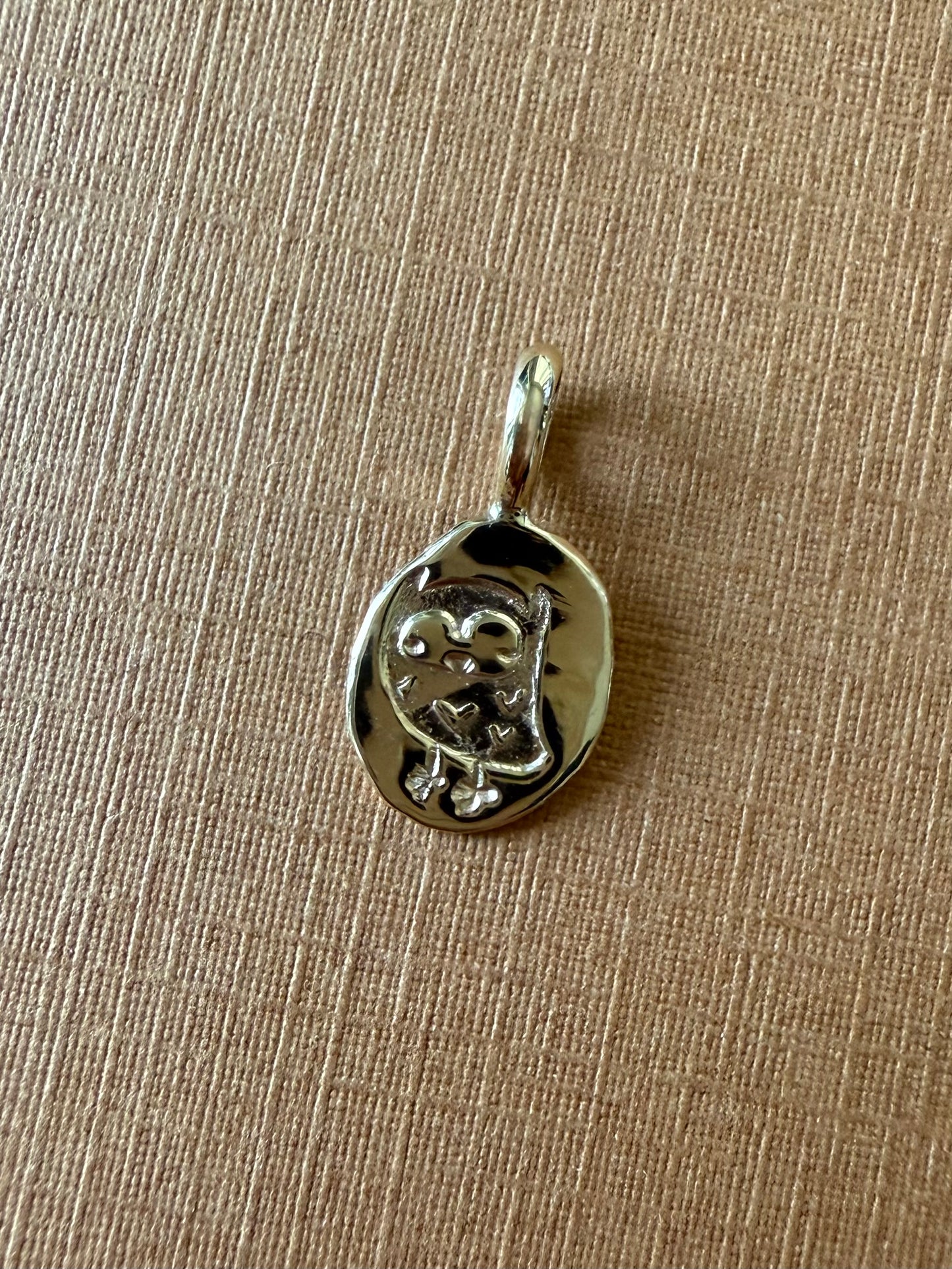 14k Solid Yellow Gold Nugget “Owl”, Mini Pendant, Tiny Charm