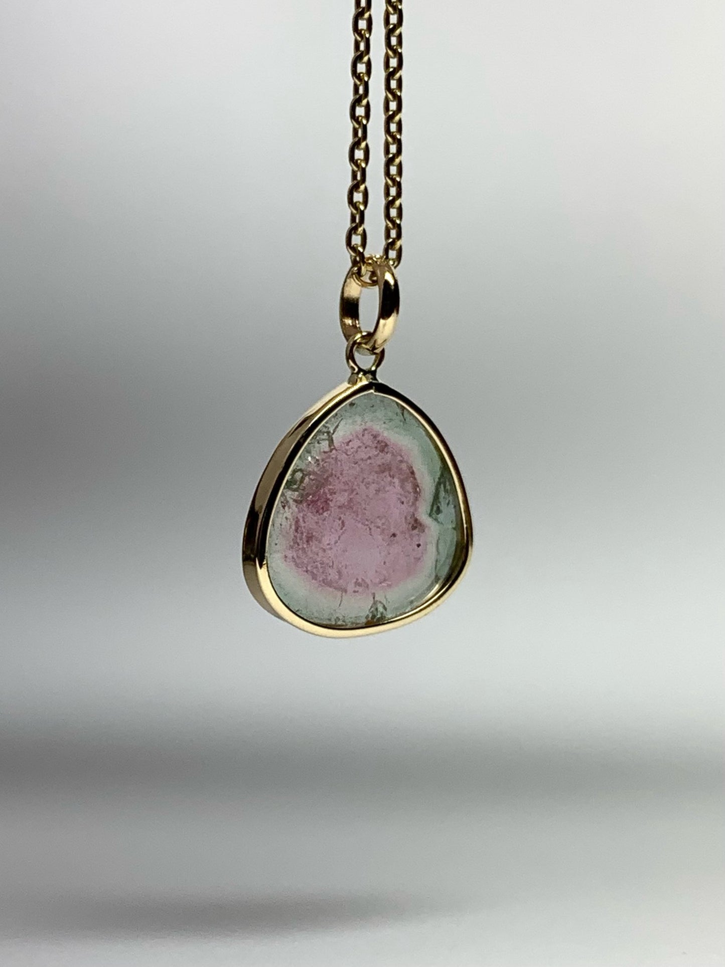 14k Solid Yellow Gold, Natural Pink Green Tourmaline Pendant