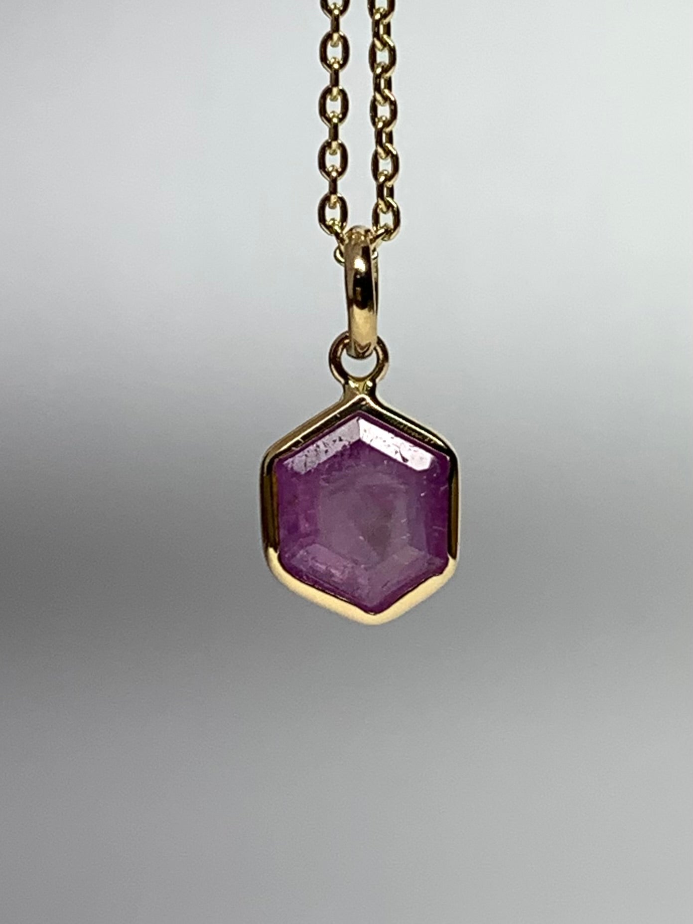 14k Solid Yellow Gold, Natural Pink Opaque Sapphire Hexagon Pendant, Tiny Size