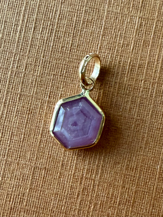 14k Solid Yellow Gold, Natural Pink Opaque Sapphire Hexagon Pendant, Tiny Size