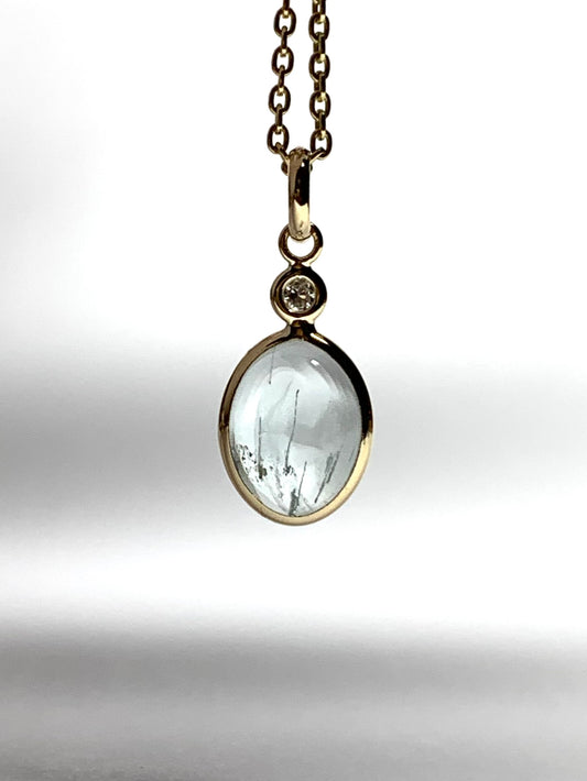 14k Solid Yellow Gold, Diamond, Pale Blue Aquamarine Oval Cabochon Pendant, Mini Size