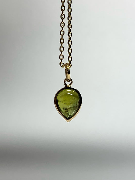 14k Solid Yellow Gold, Natural Green Tourmaline Pear Cabochon Tiny Pendant
