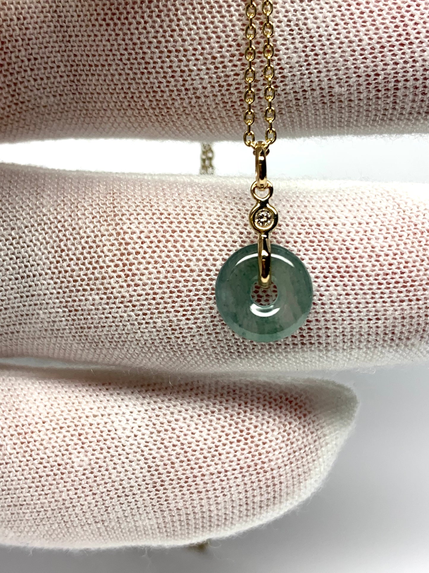 14k Solid Yellow Gold, White Diamond, Pale Green Jade “Donut” Pendant, Tiny Size