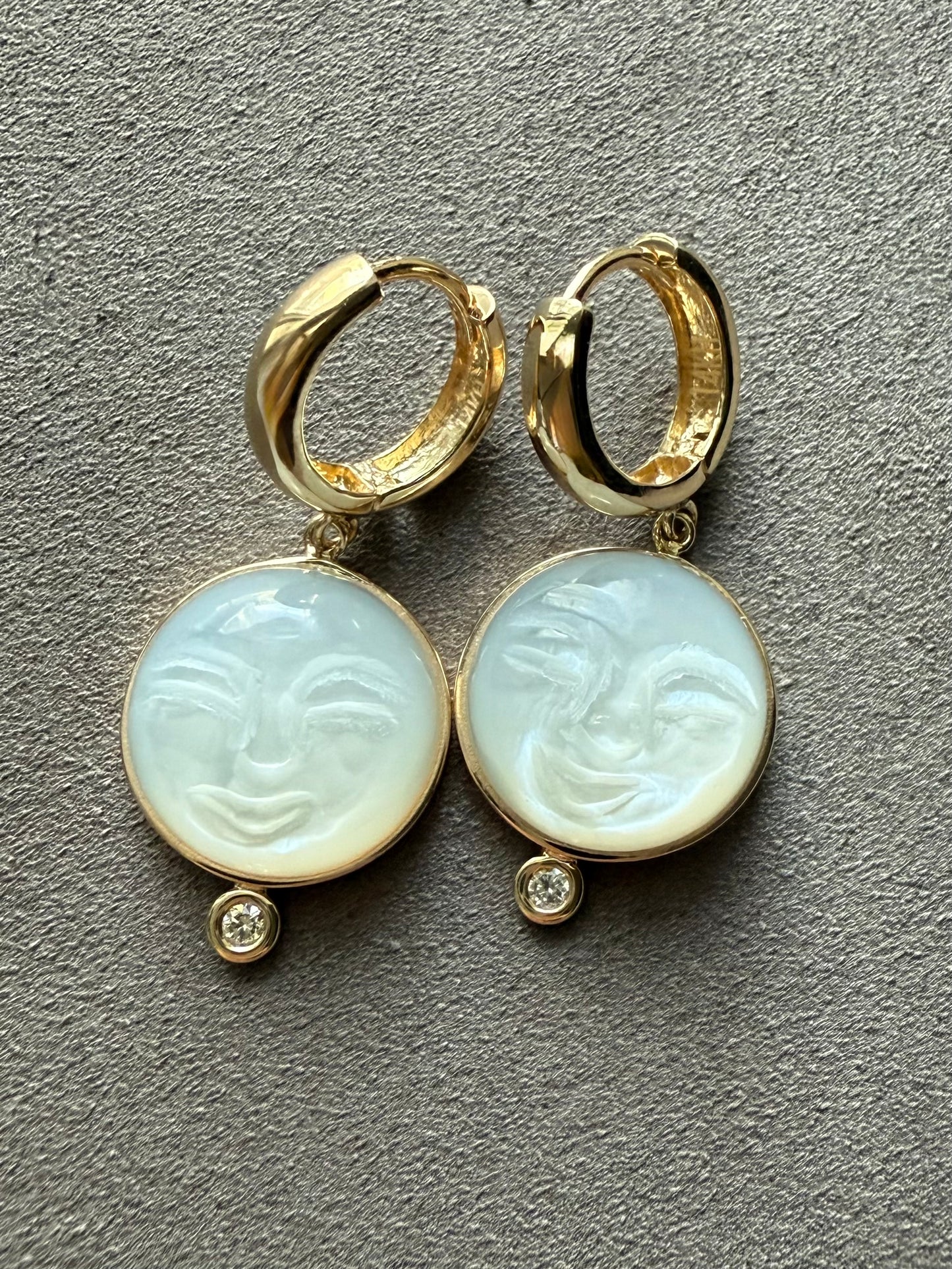 14k Solid Yellow Gold, Diamonds, White Moonstone “Moon and Star” Mini Earrings