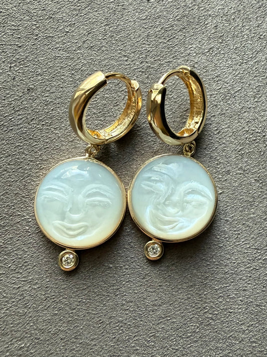 14k Solid Yellow Gold, Diamonds, White Moonstone “Moon and Star” Mini Earrings
