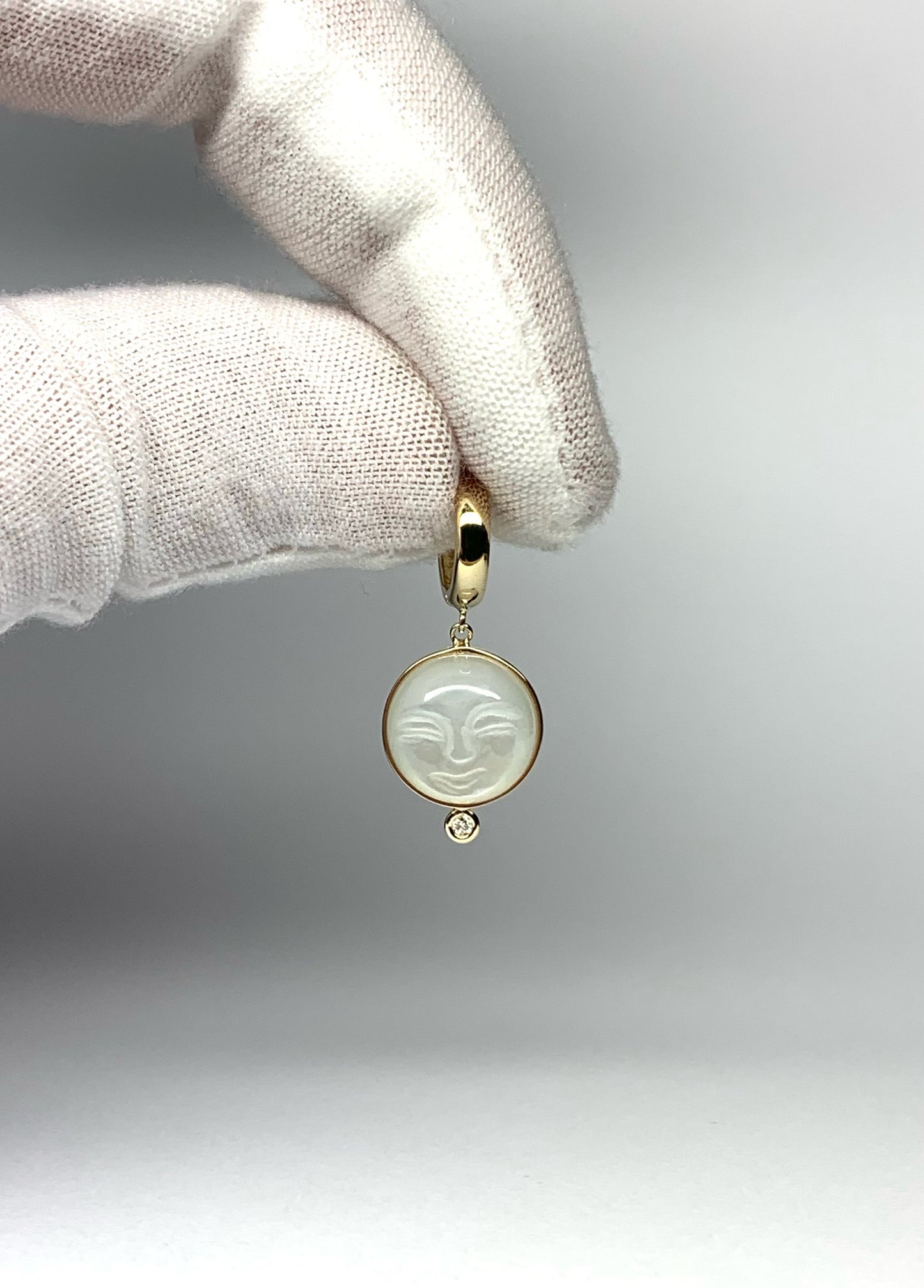 14k Solid Yellow Gold, Diamonds, White Moonstone “Moon and Star” Mini Earrings