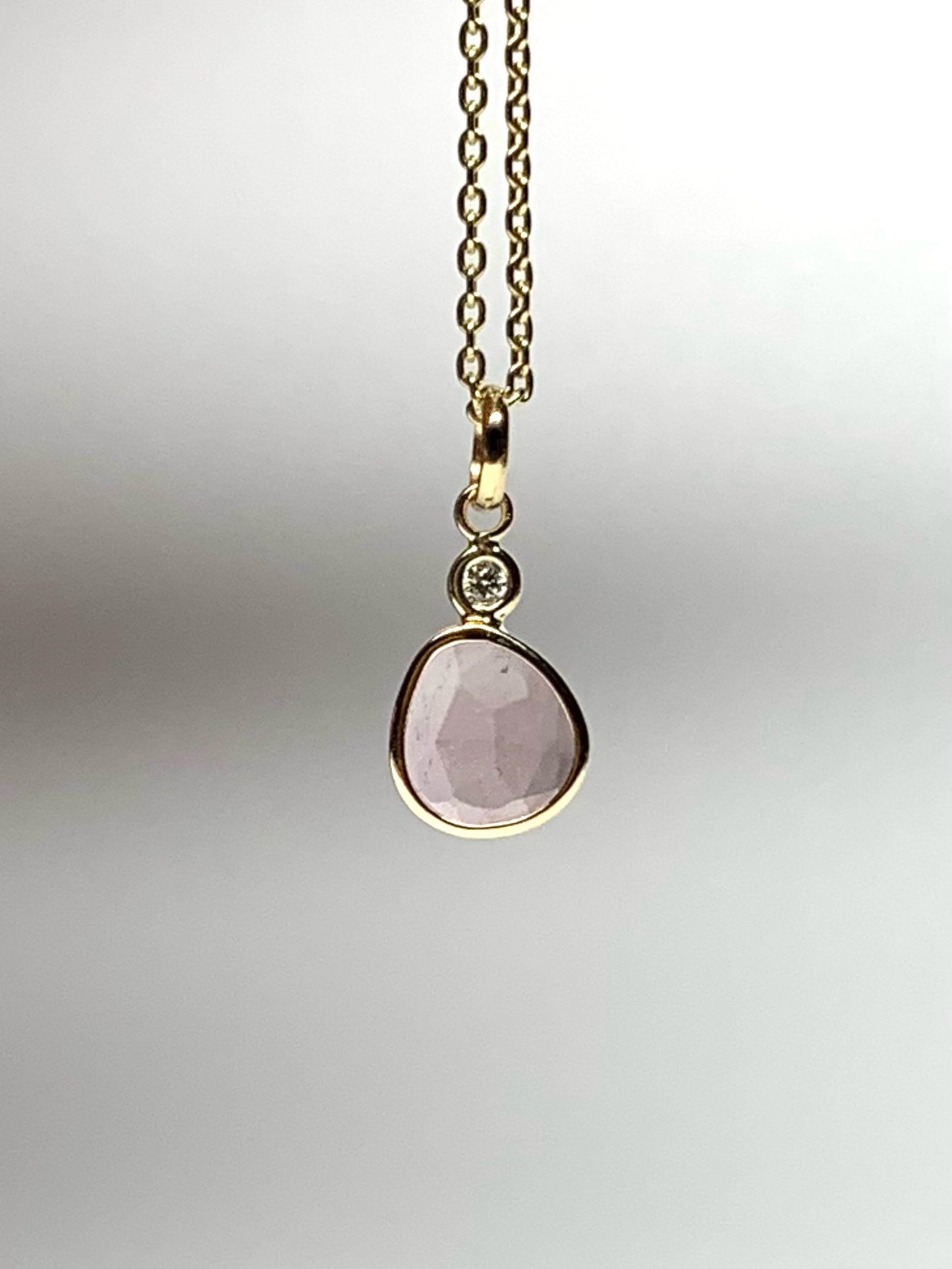 14k Solid Yellow Gold, Natural White Diamond, Natural Pink Tourmaline Tiny Pendant