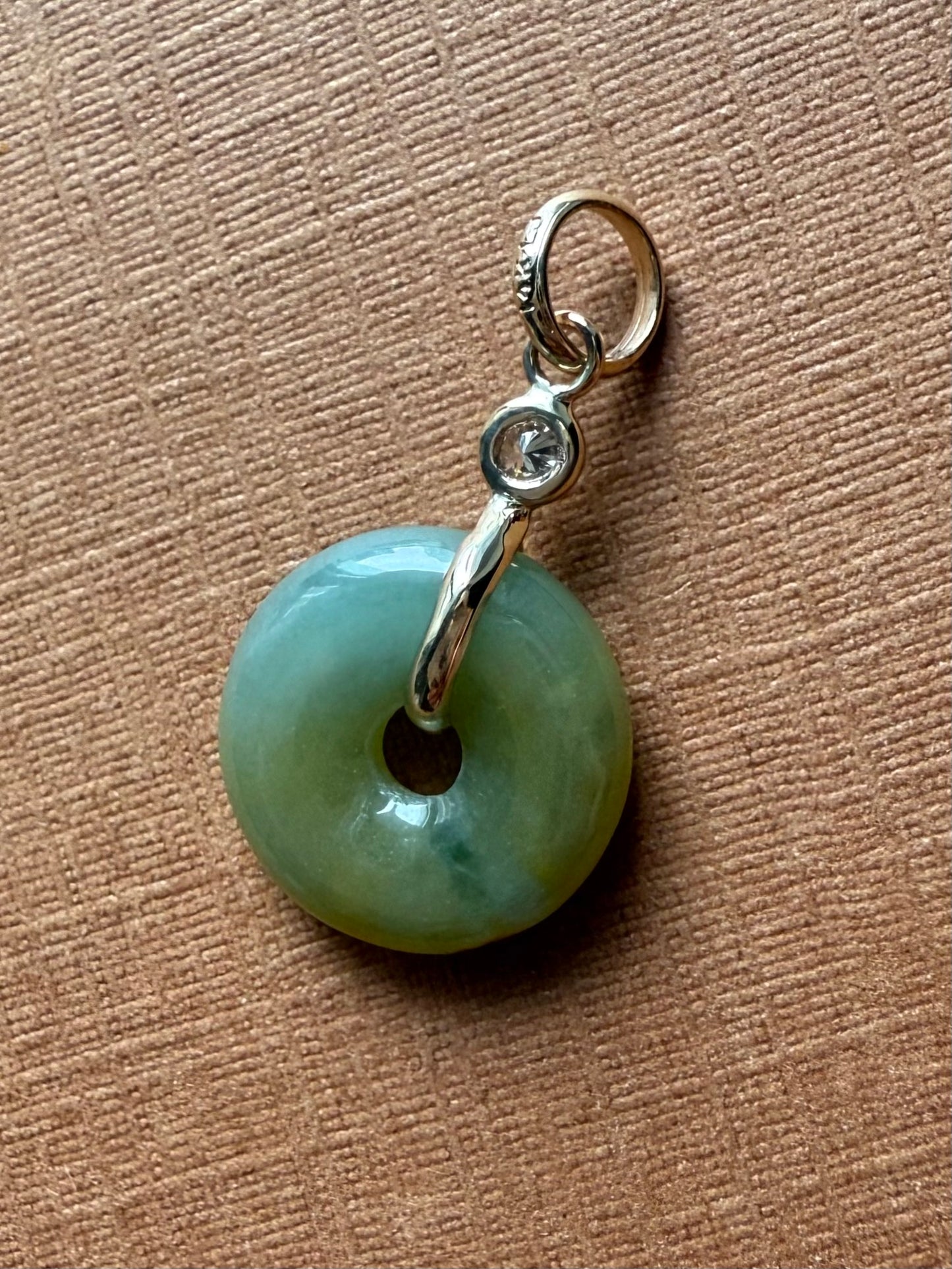 14k Solid Yellow Gold, White Diamond, Pale Green Jade “Donut” Pendant, Tiny Size