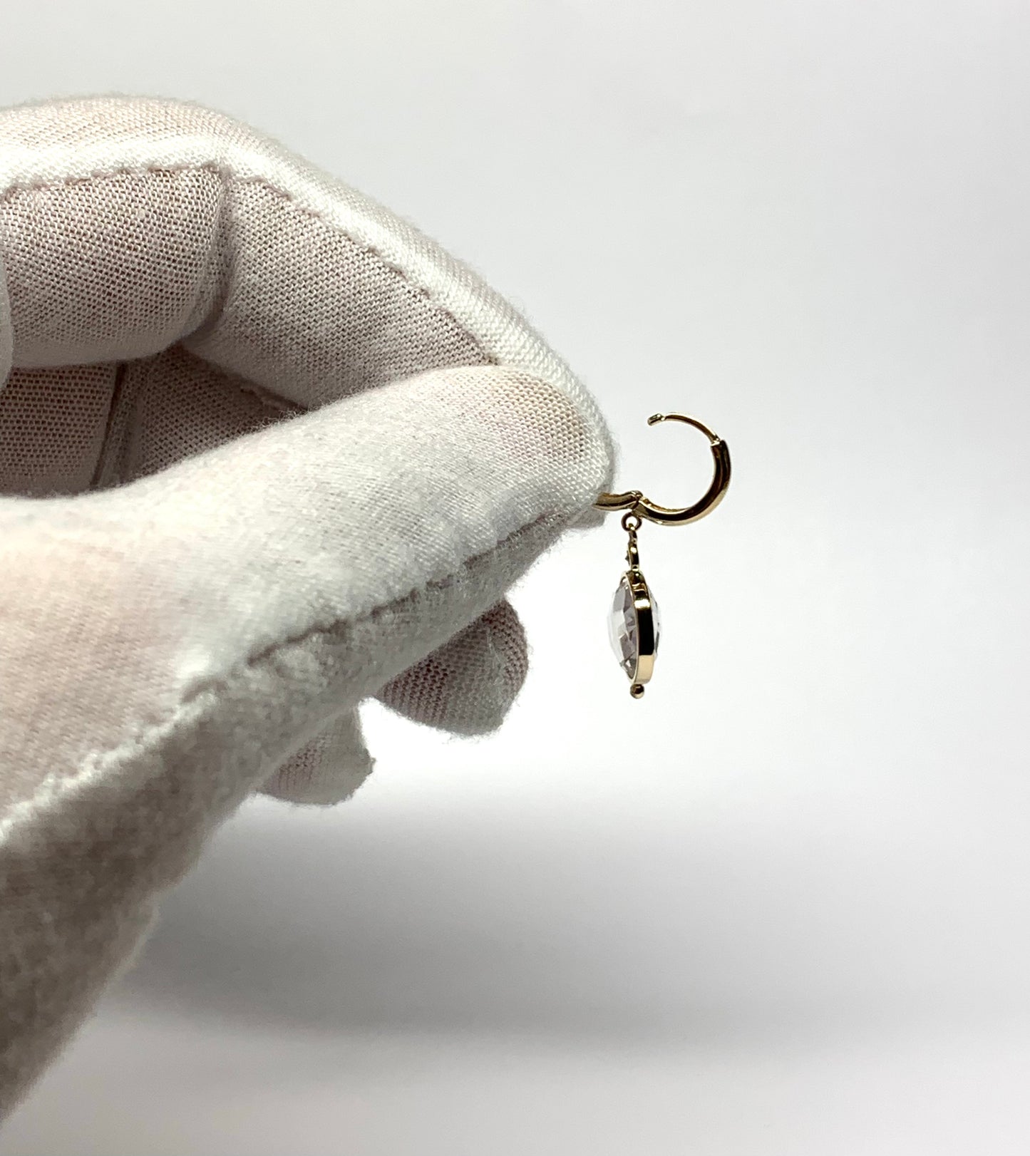 14k Solid Yellow Gold, Natural Diamonds, Clear Quartz Dangling Drop Hoops Earrings