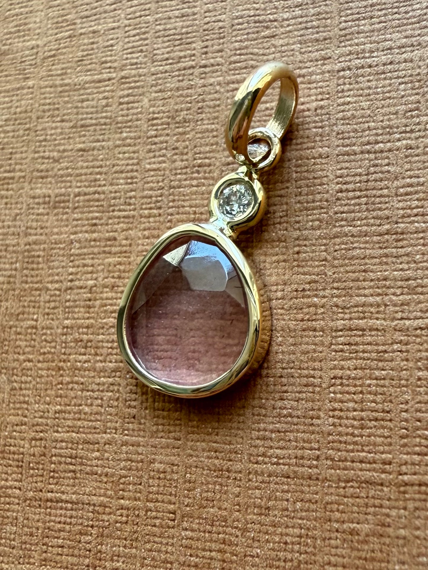 14k Solid Yellow Gold, Natural White Diamond, Natural Pink Tourmaline Tiny Pendant