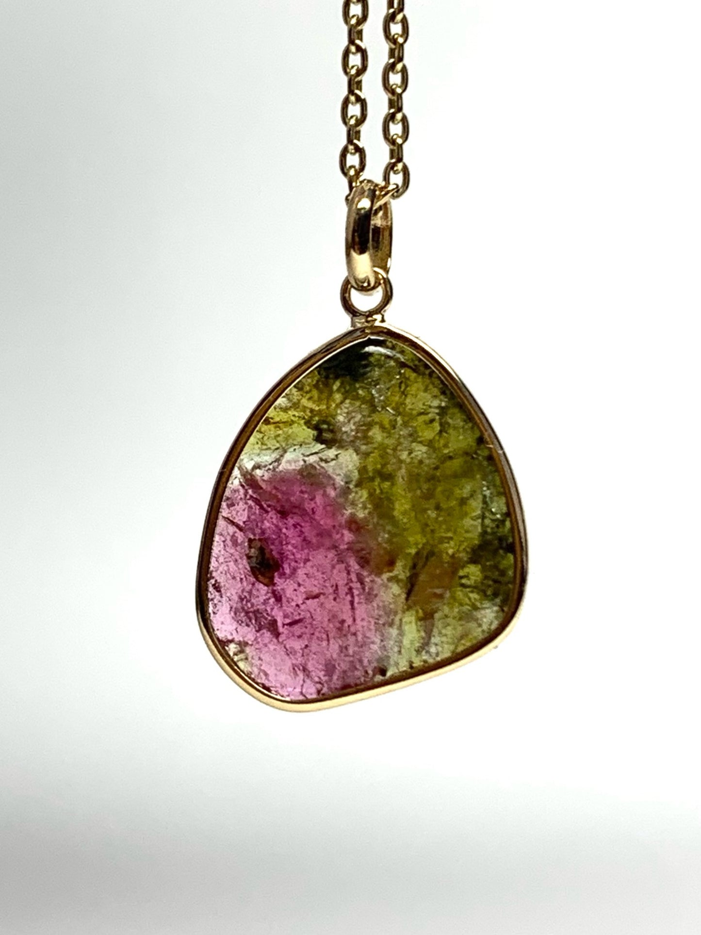 14k Solid Yellow Gold, Natural Pink Green Tourmaline Pendant