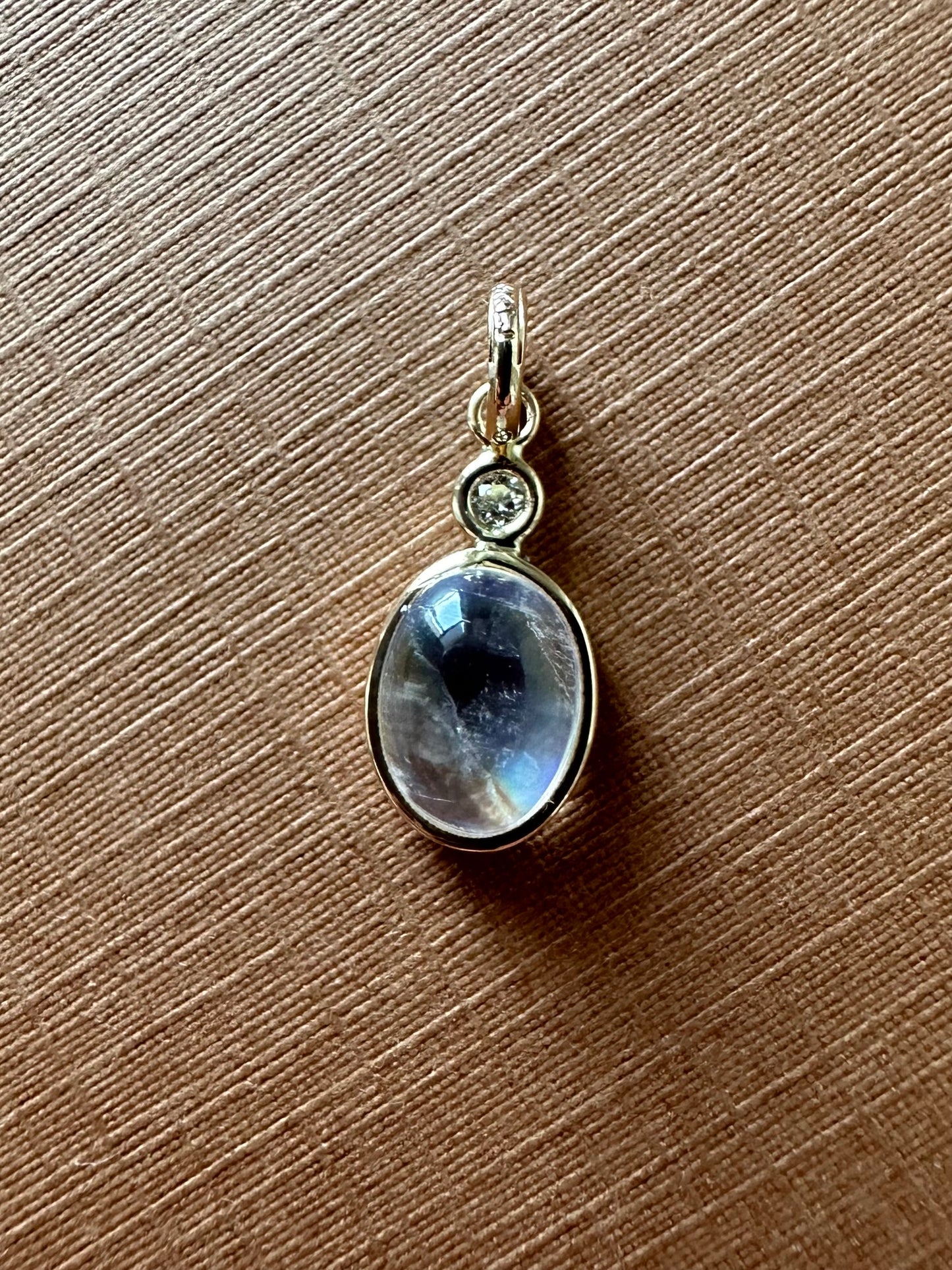 Tiny 14k Solid Yellow Gold, Diamond, Oval Blue Rainbow Moonstone Mini Pendant