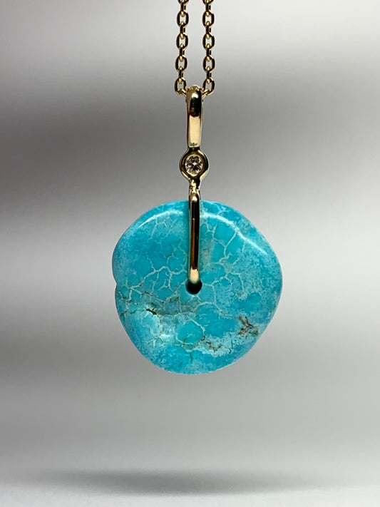 14K Solid Yellow Gold, White Diamond, Blue Turquoise “Donut” Pendant