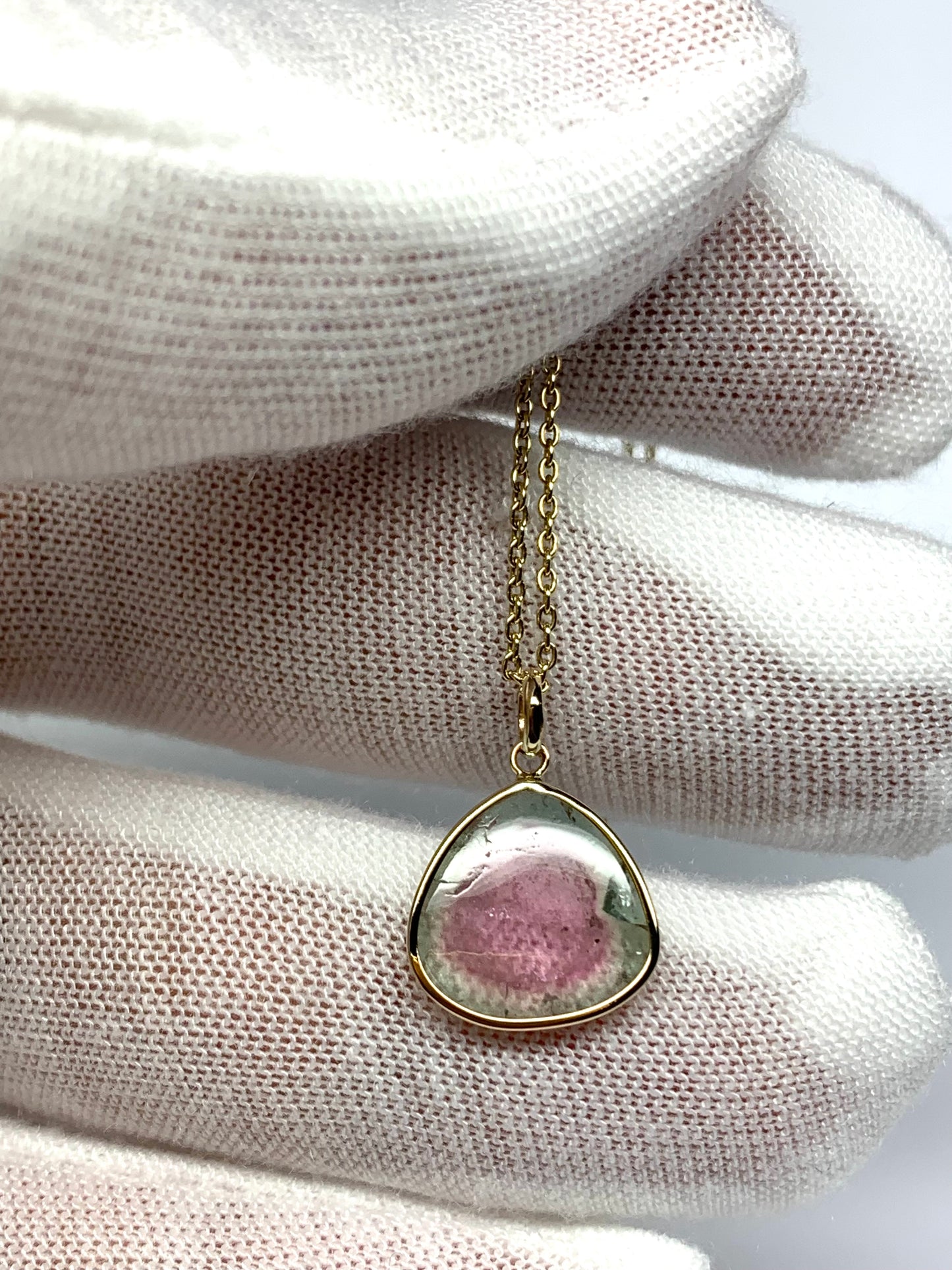 14k Solid Yellow Gold, Natural Pink Green Tourmaline Pendant