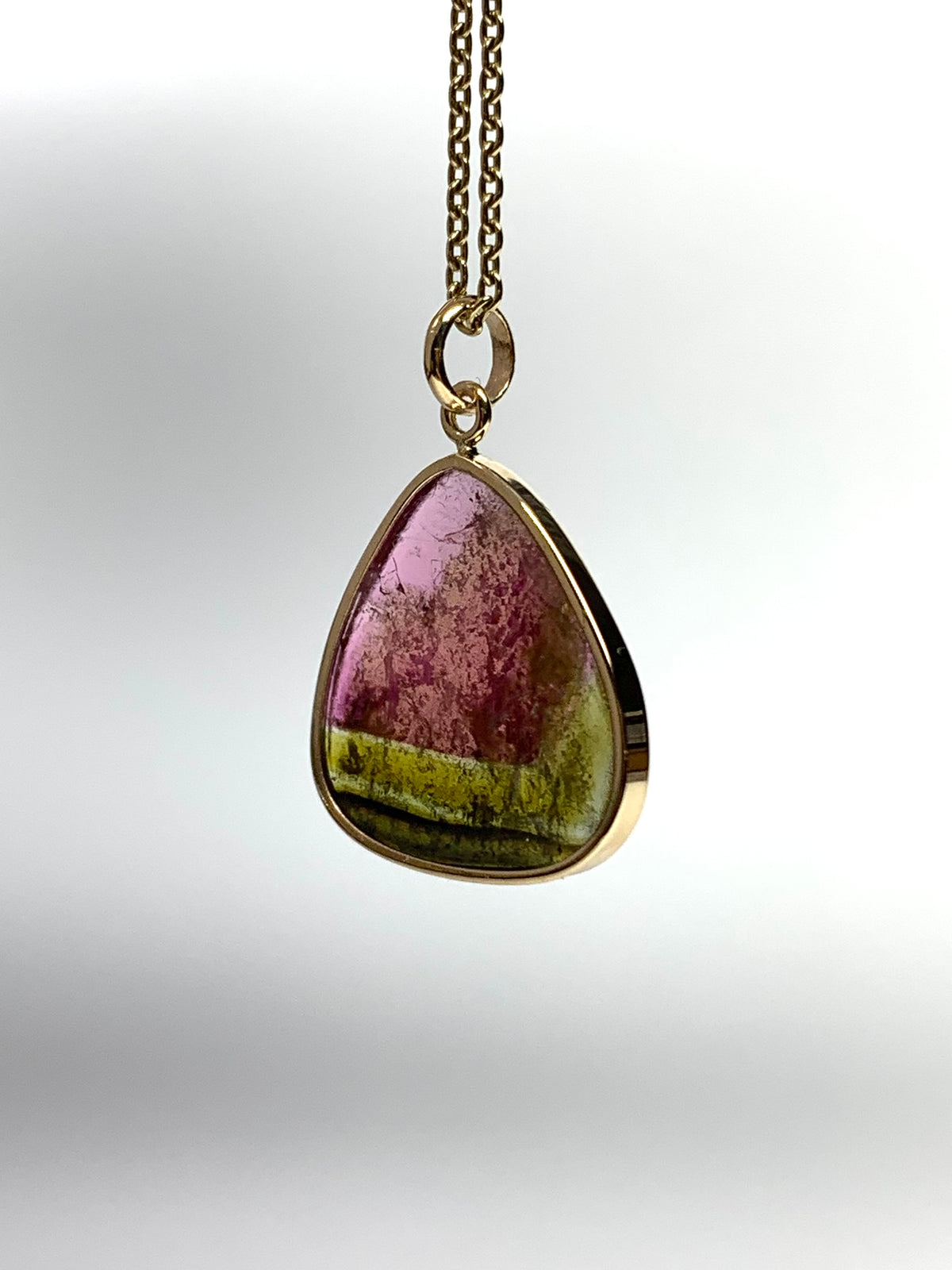 14k Solid Yellow Gold, Natural Pink Green Tourmaline Pendant
