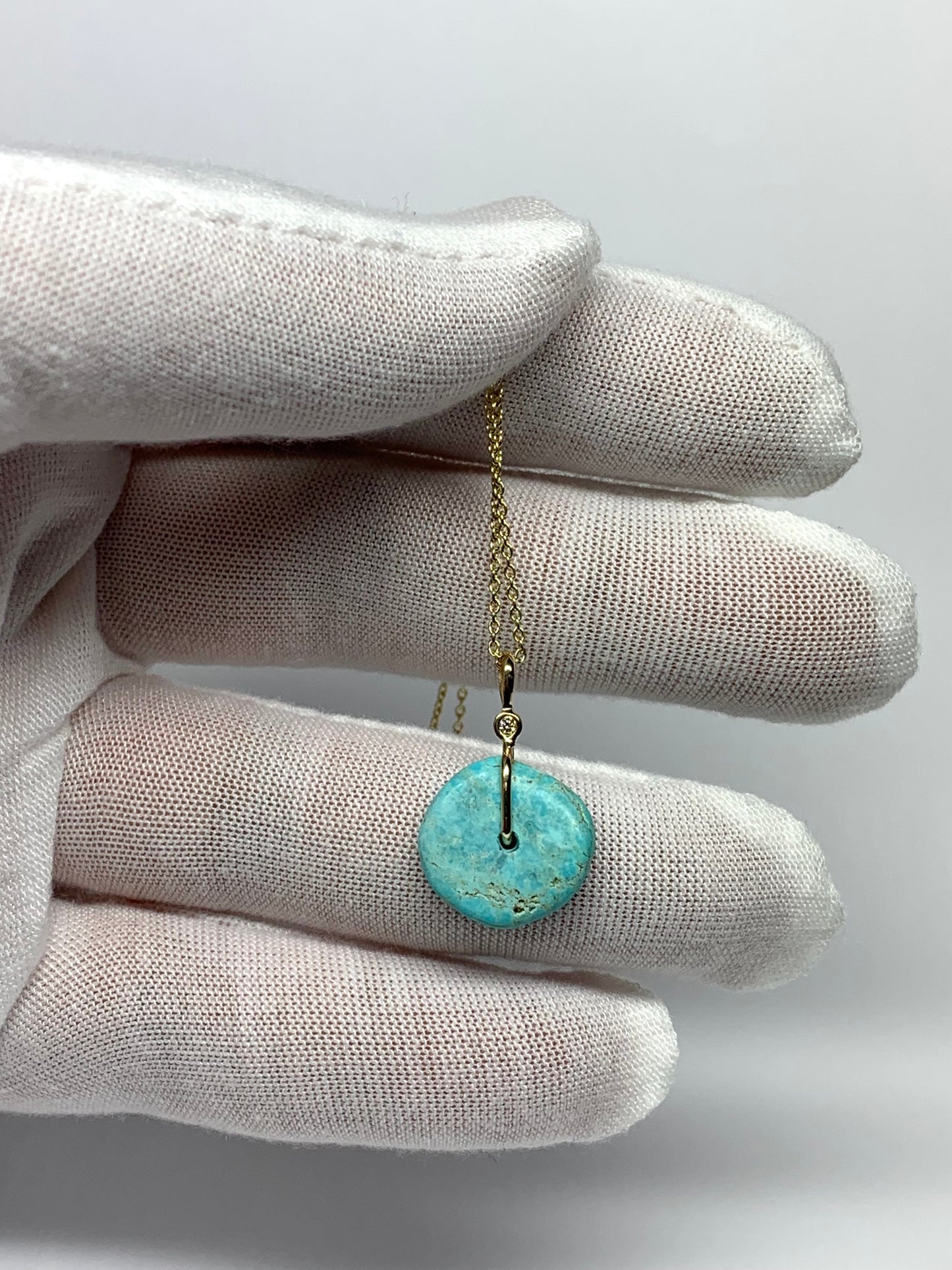 14K Solid Yellow Gold, White Diamond, Blue Turquoise “Donut” Mini Pendant