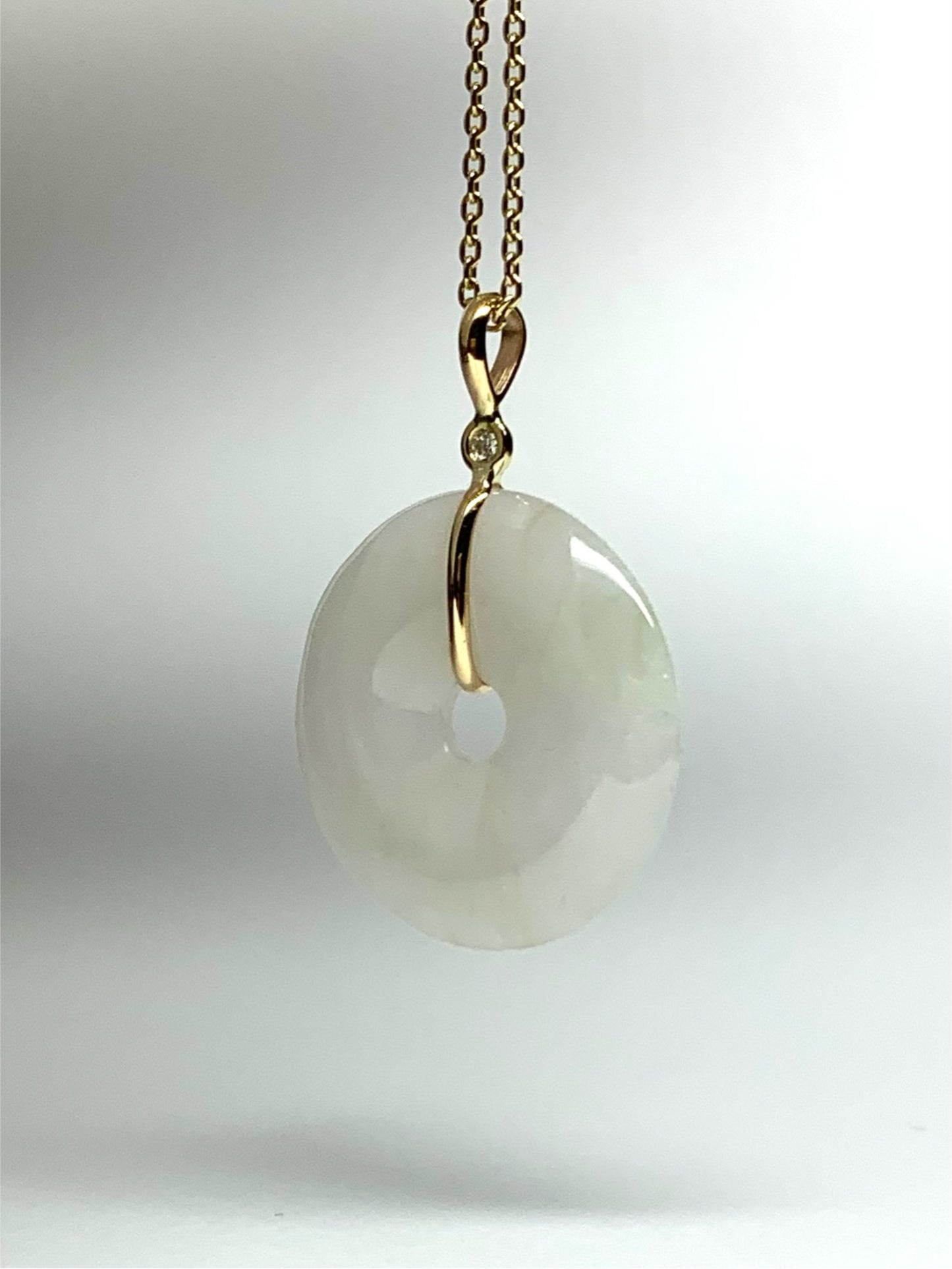 14k Solid Yellow Gold, Very Pale White Green Jade “Donut”, White Diamond Pendant