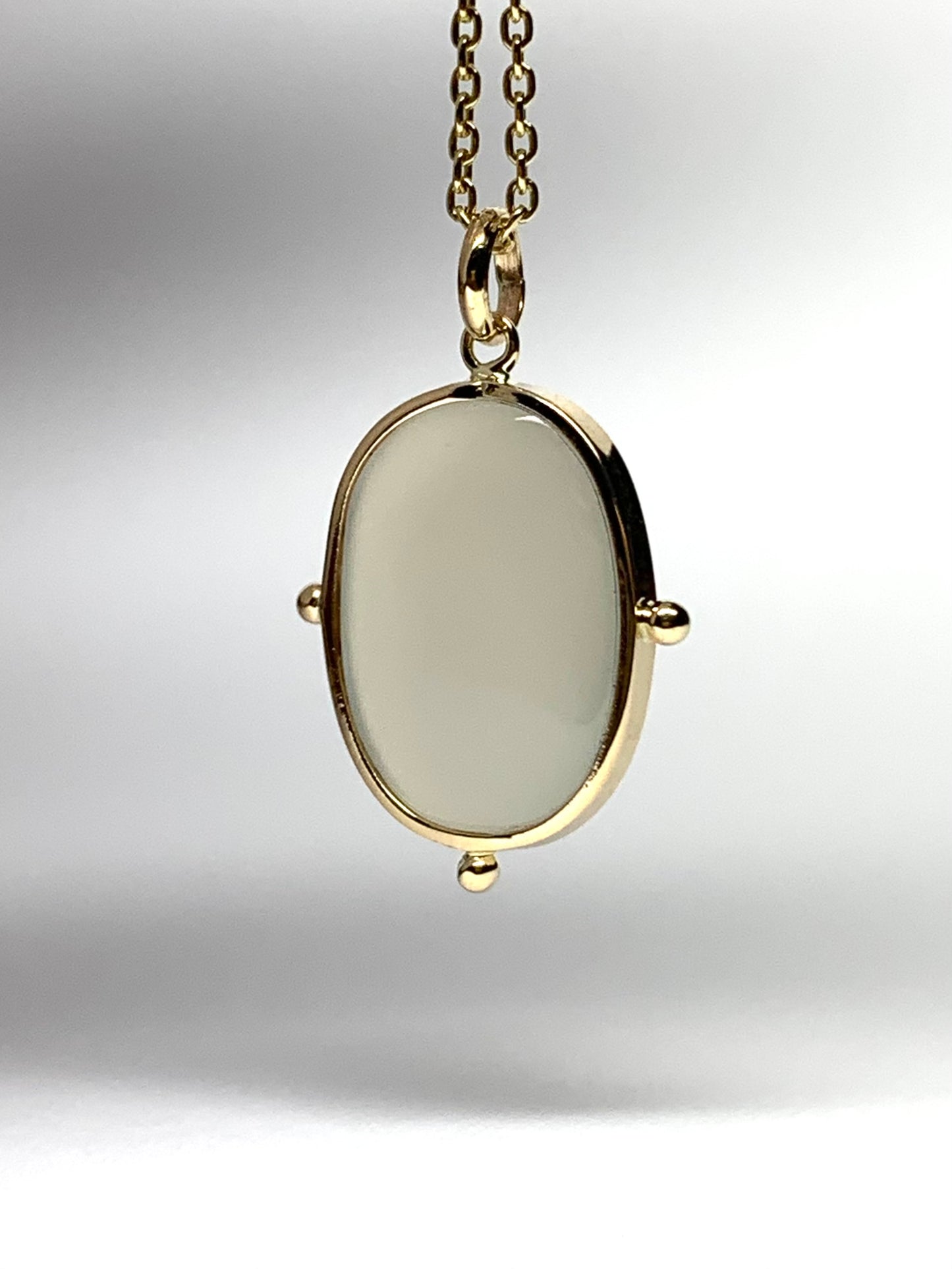 14k Solid Yellow Gold, White Moonstone Flat Cabochon Pendant, With Golden Dots