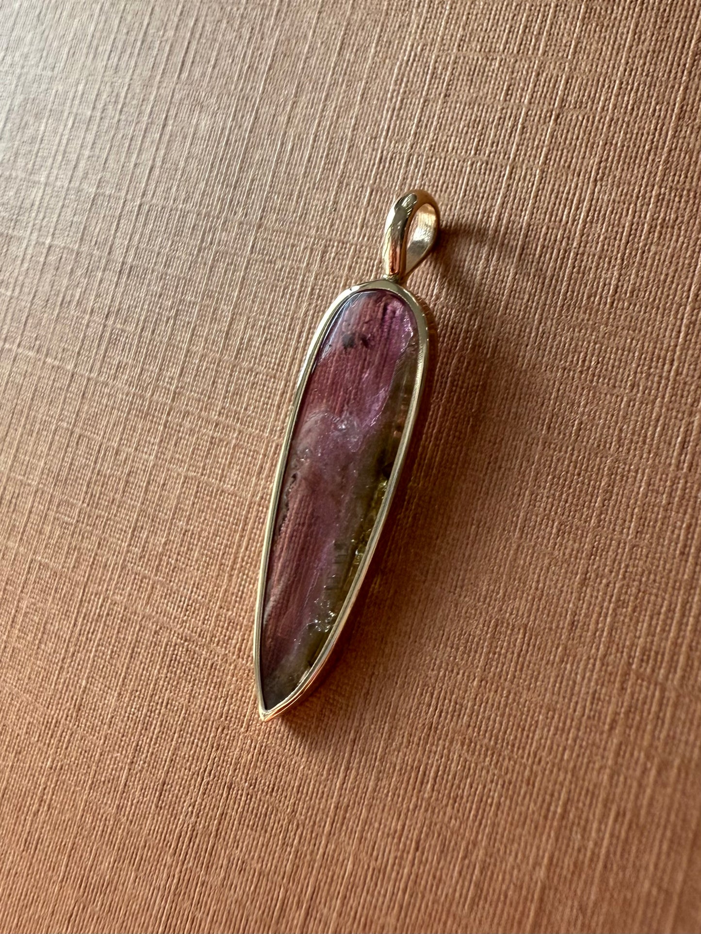 14k Solid Yellow Gold, Natural Bicolor Green Pink Tourmaline “Arrowhead” Pendant