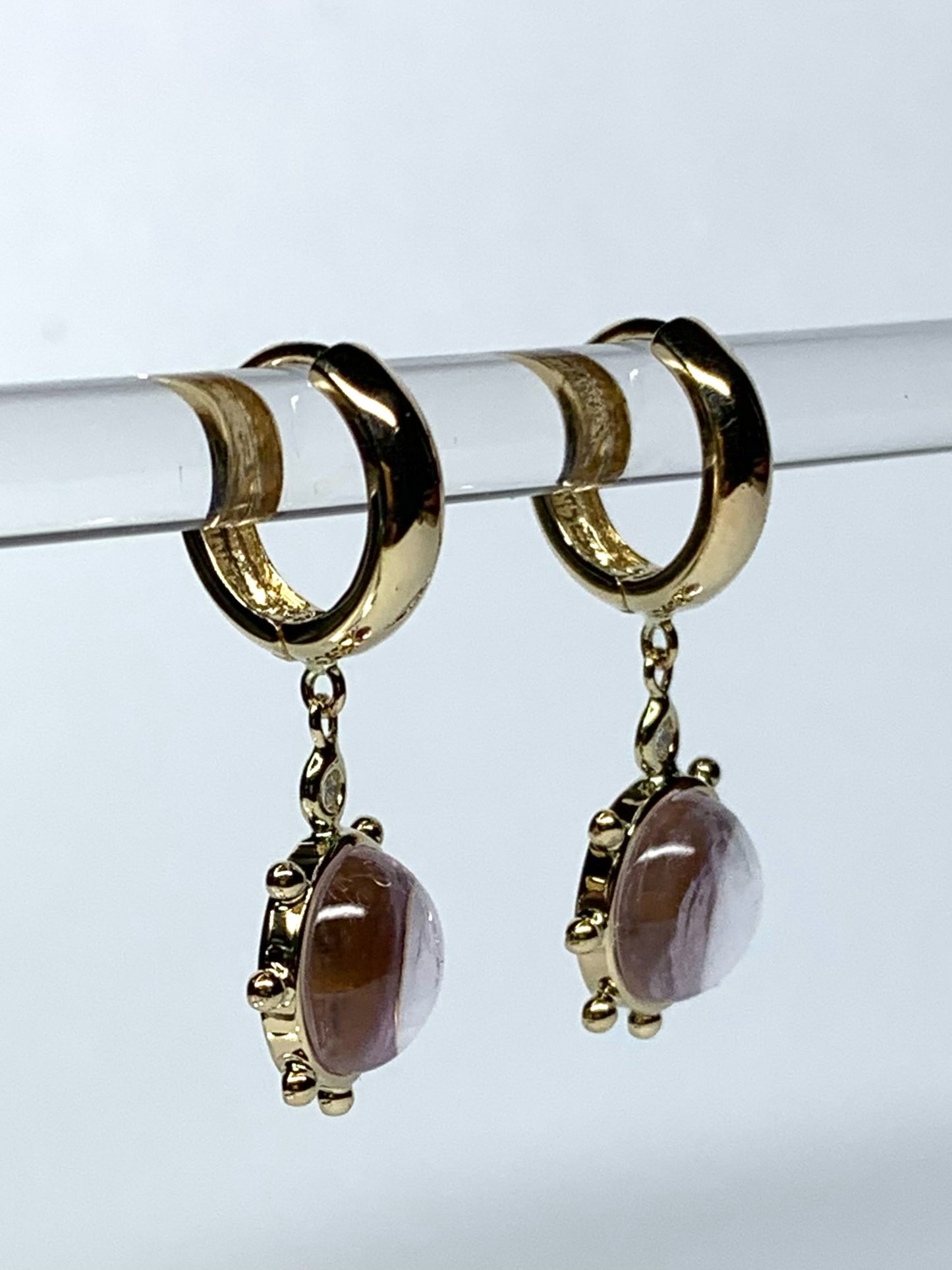 14k Solid Yellow Gold, Diamonds, Pale Pink Amethyst “Sun” Mini Earrings