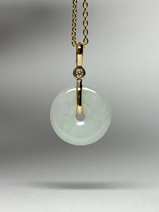 14k Solid Yellow Gold, White Jade, Diamond Pendant, Small Size