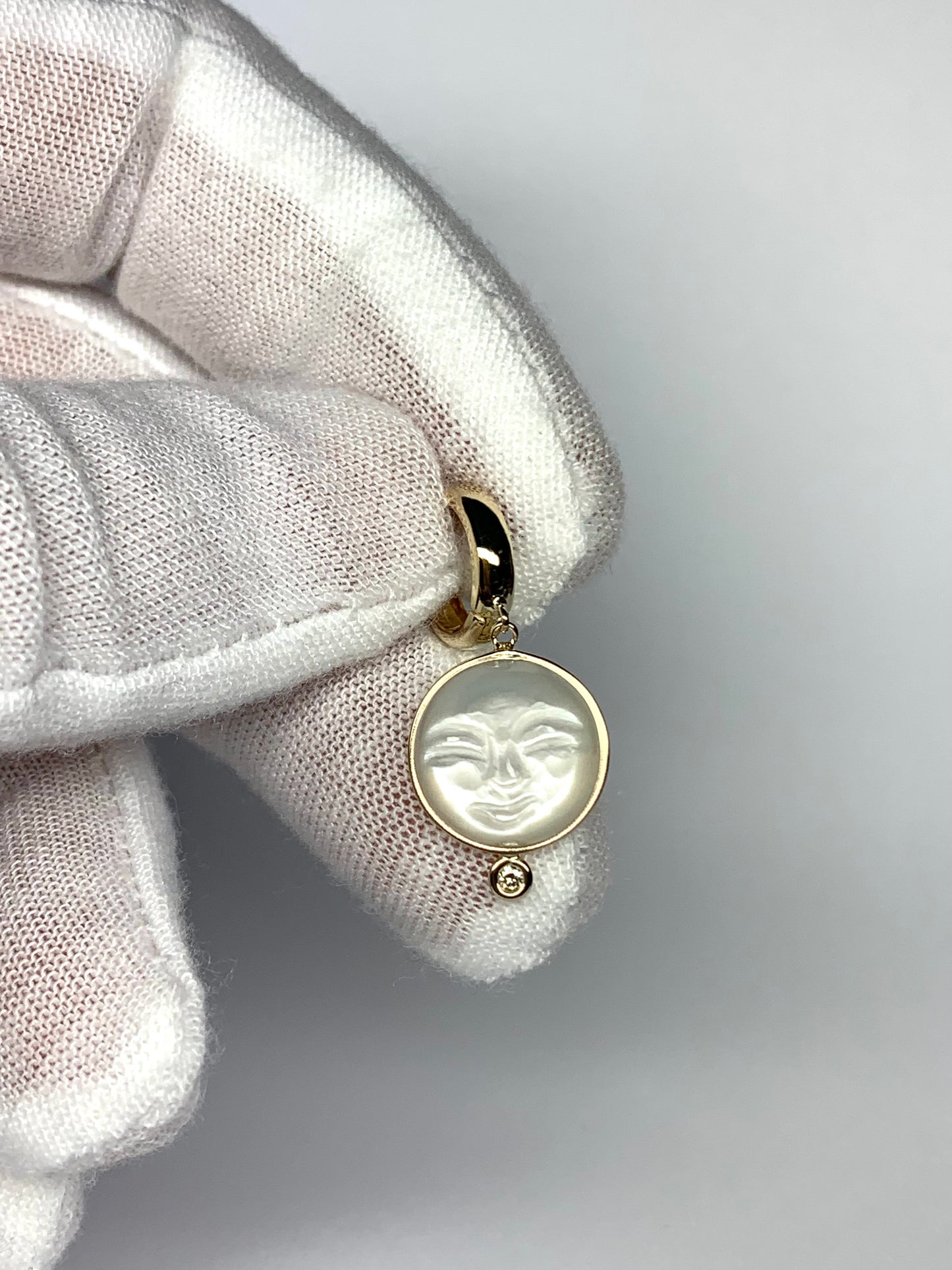 14k Solid Yellow Gold, Diamonds, White Moonstone “Moon and Star” Mini Earrings