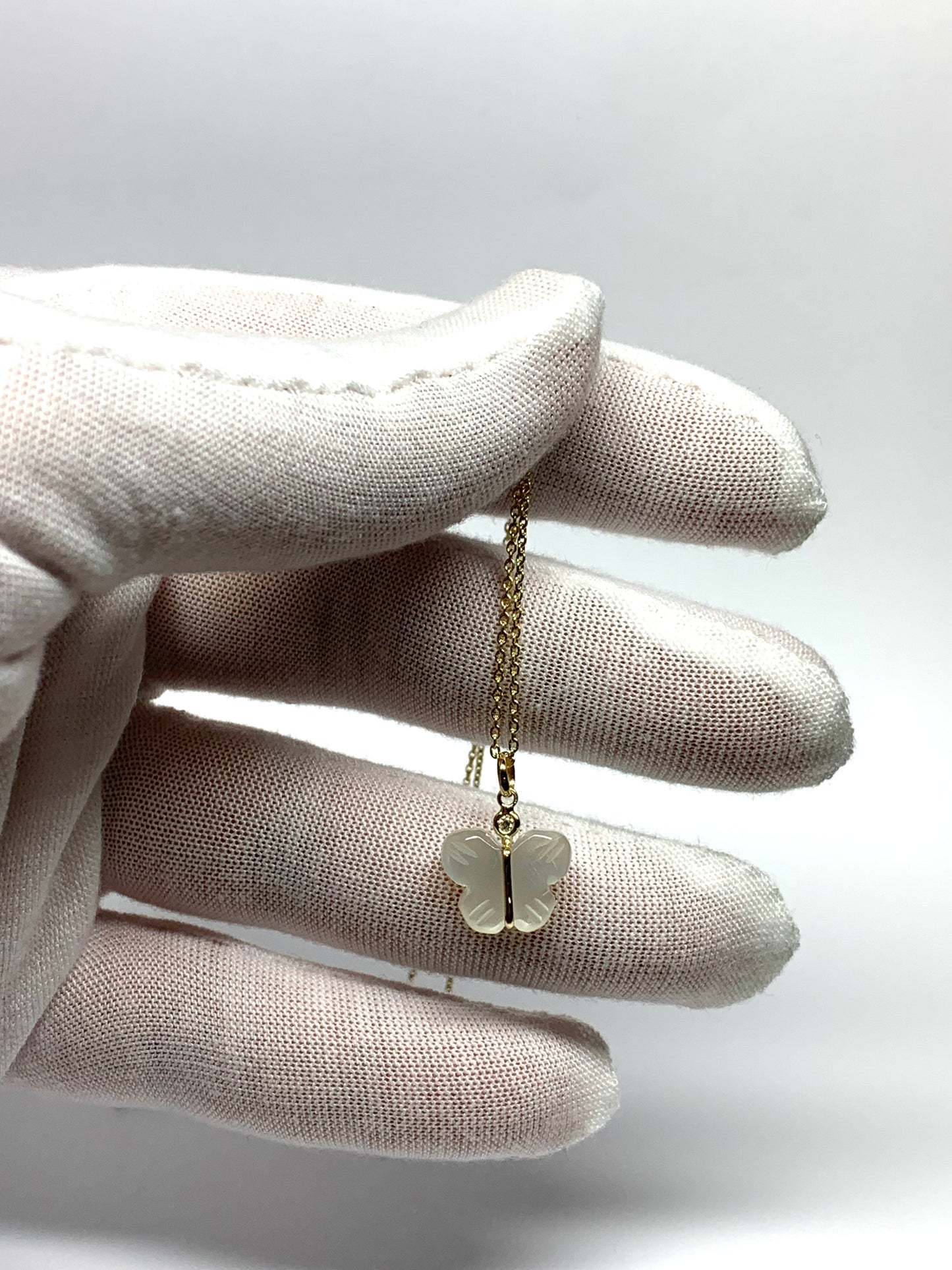 14k Solid Yellow Gold, Diamond, White Moonstone “Butterfly” Mini Pendant, Hand Carved