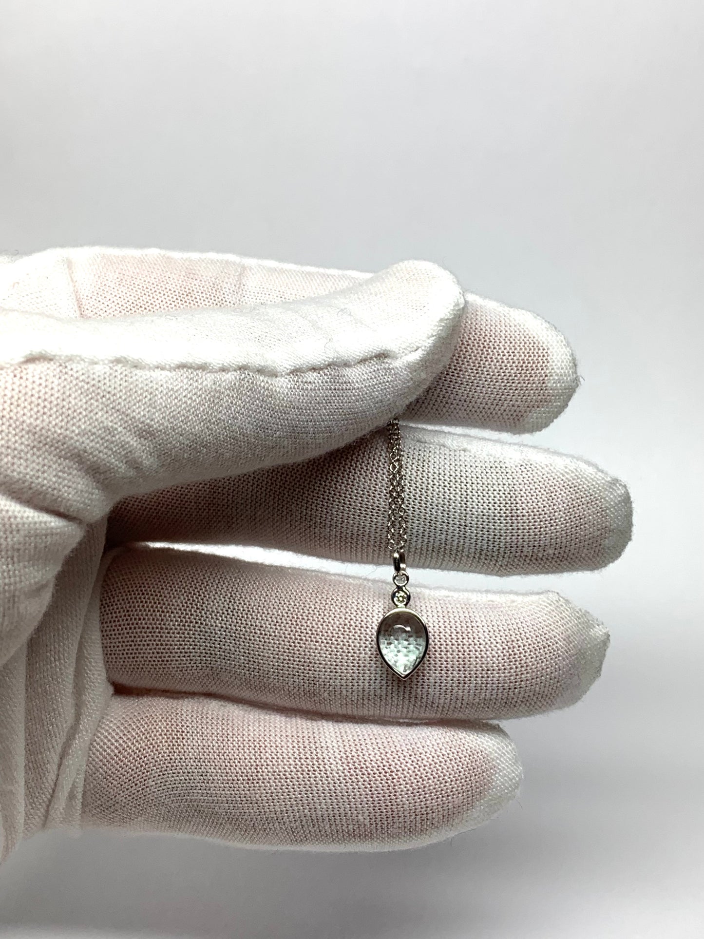 14k Solid White Gold, Diamond, Pale Blue Aquamarine Pear Cabochon Pendant, Mini Size